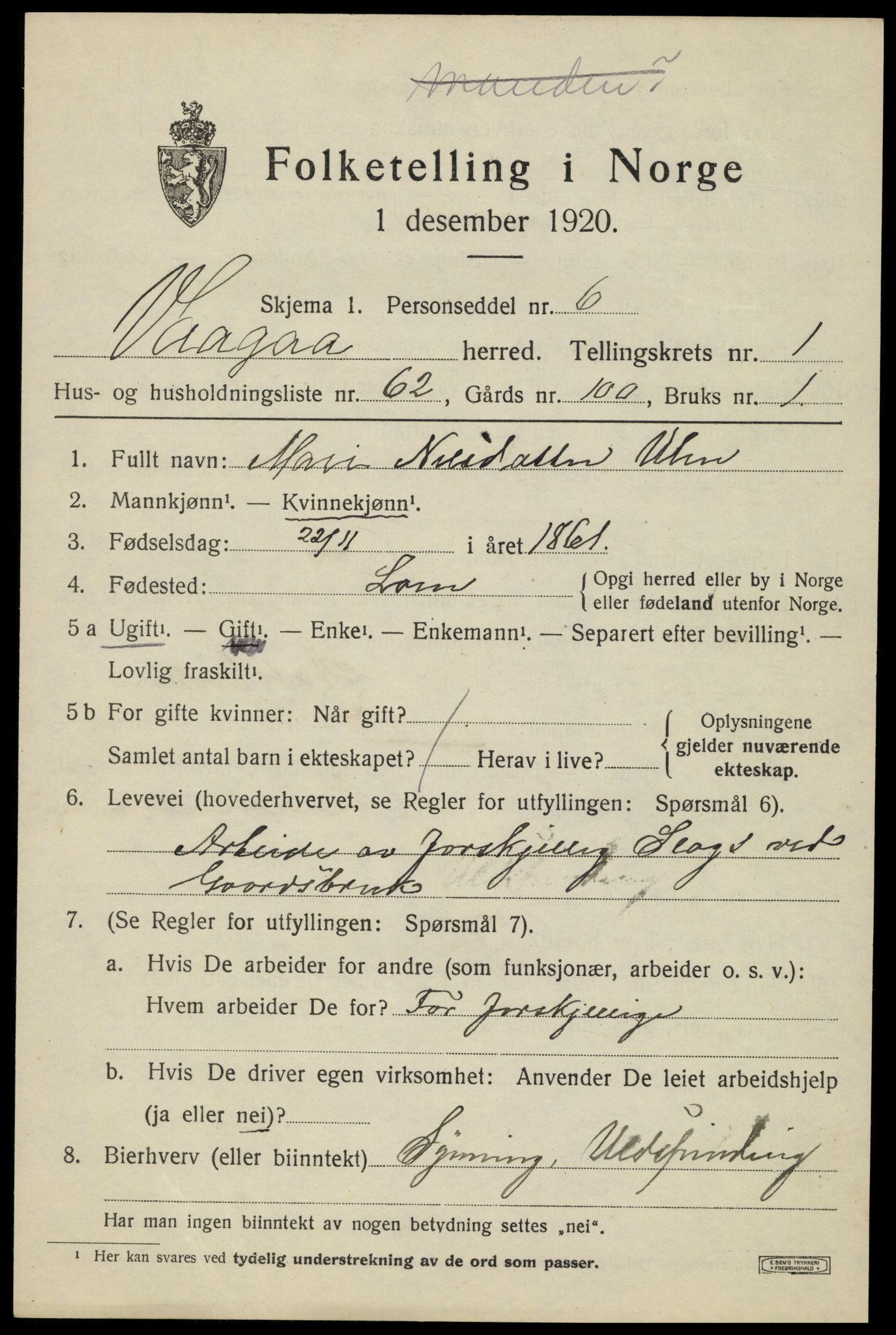 SAH, 1920 census for Vågå, 1920, p. 2010