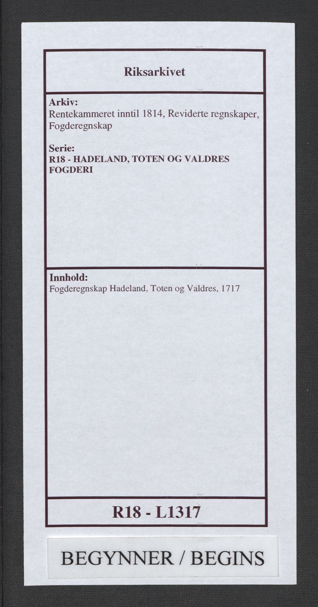 Rentekammeret inntil 1814, Reviderte regnskaper, Fogderegnskap, AV/RA-EA-4092/R18/L1317: Fogderegnskap Hadeland, Toten og Valdres, 1717, p. 1