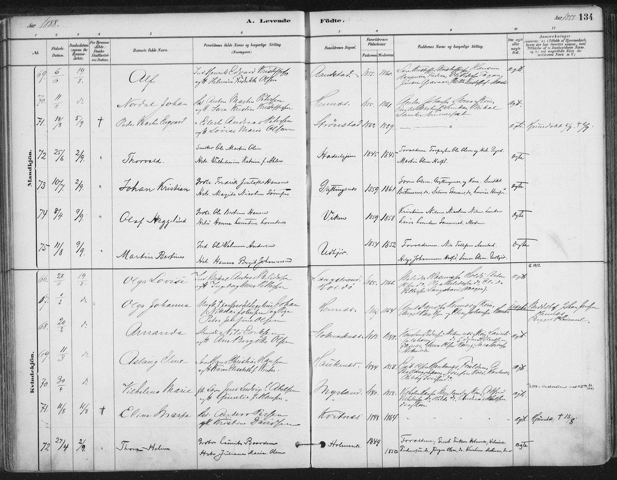 Ministerialprotokoller, klokkerbøker og fødselsregistre - Nordland, SAT/A-1459/888/L1244: Parish register (official) no. 888A10, 1880-1890, p. 134