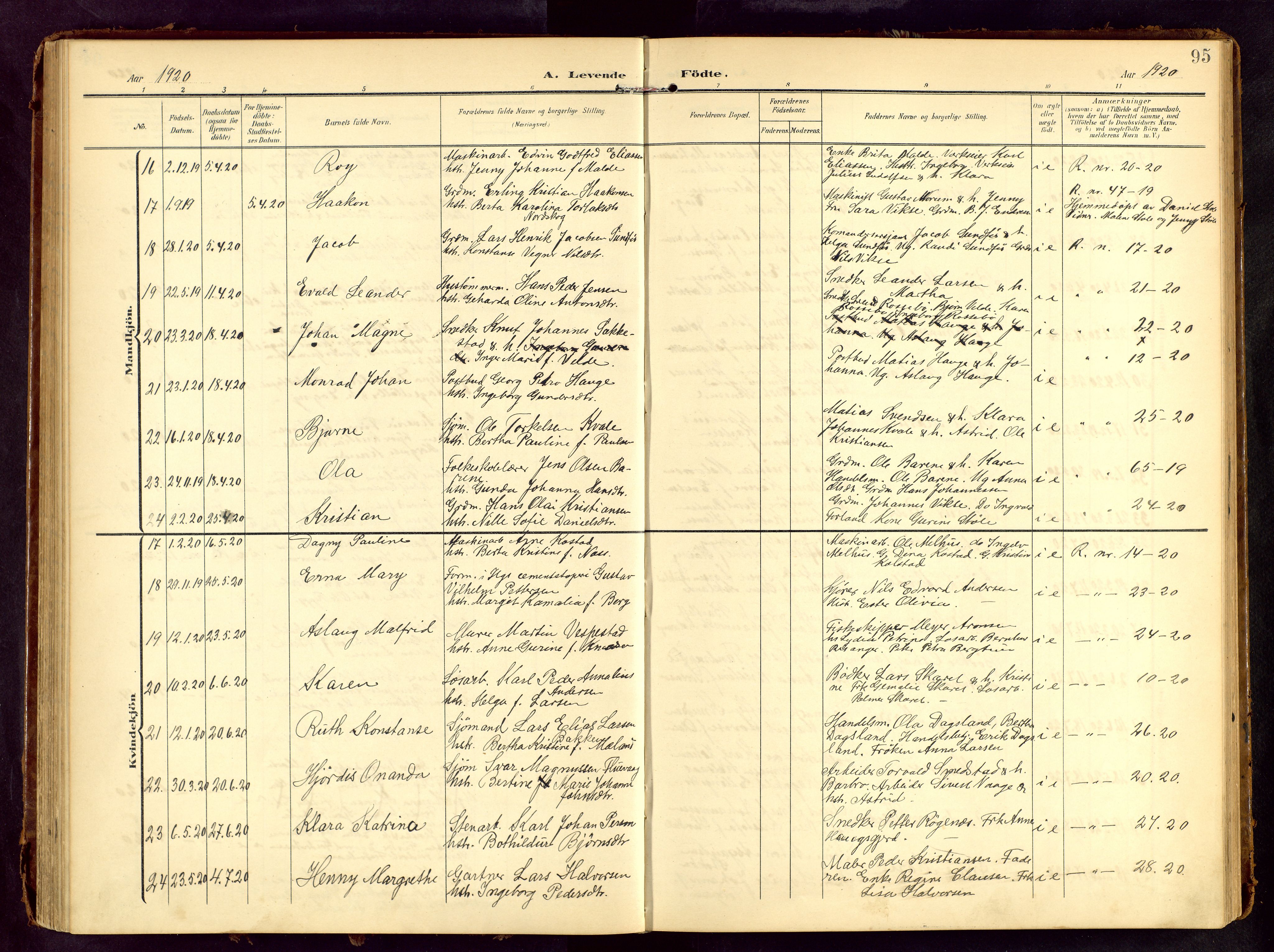 Haugesund sokneprestkontor, AV/SAST-A -101863/H/Ha/Hab/L0006: Parish register (copy) no. B 6, 1906-1944, p. 95