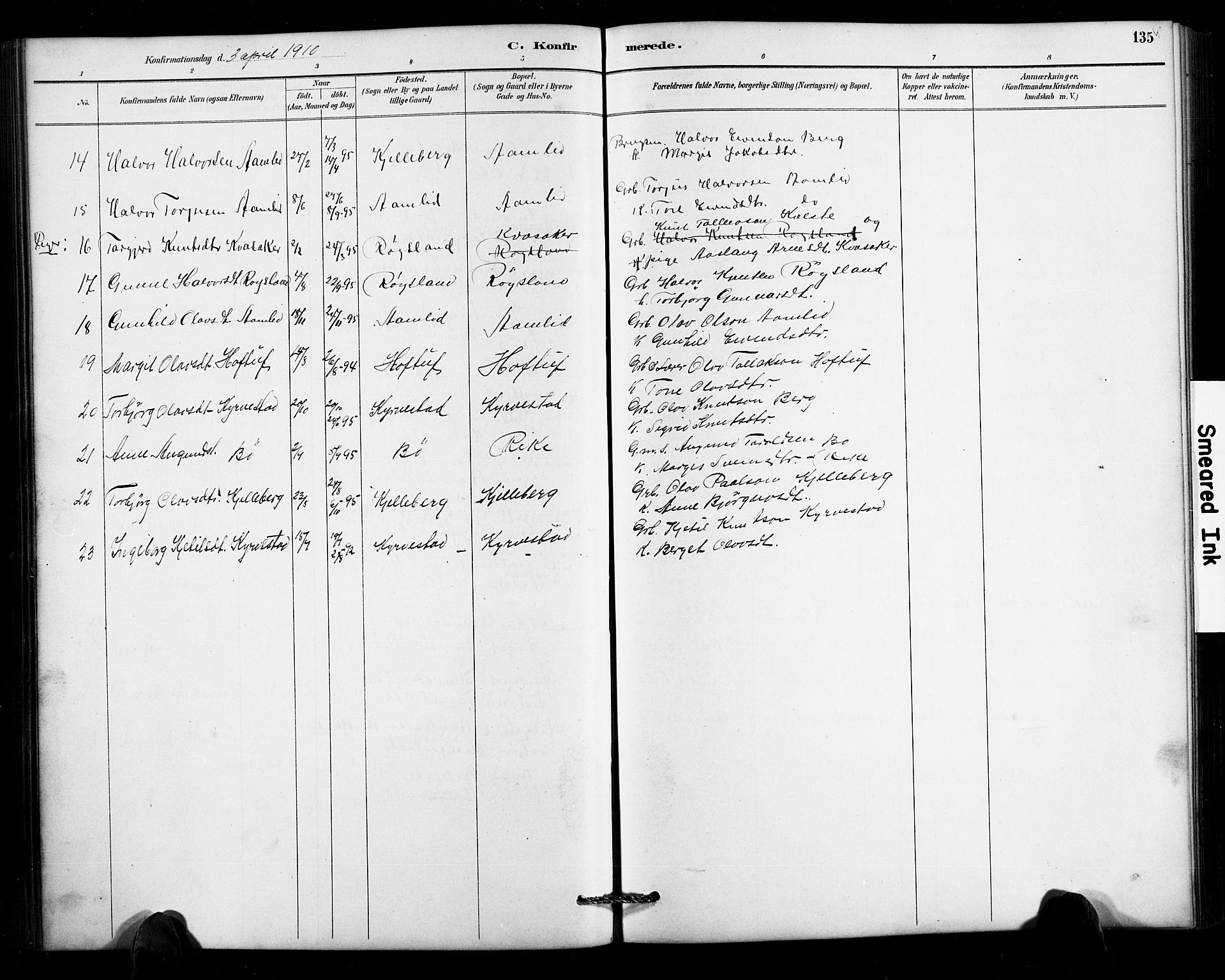 Valle sokneprestkontor, SAK/1111-0044/F/Fb/Fbc/L0004: Parish register (copy) no. B 4, 1890-1928, p. 135