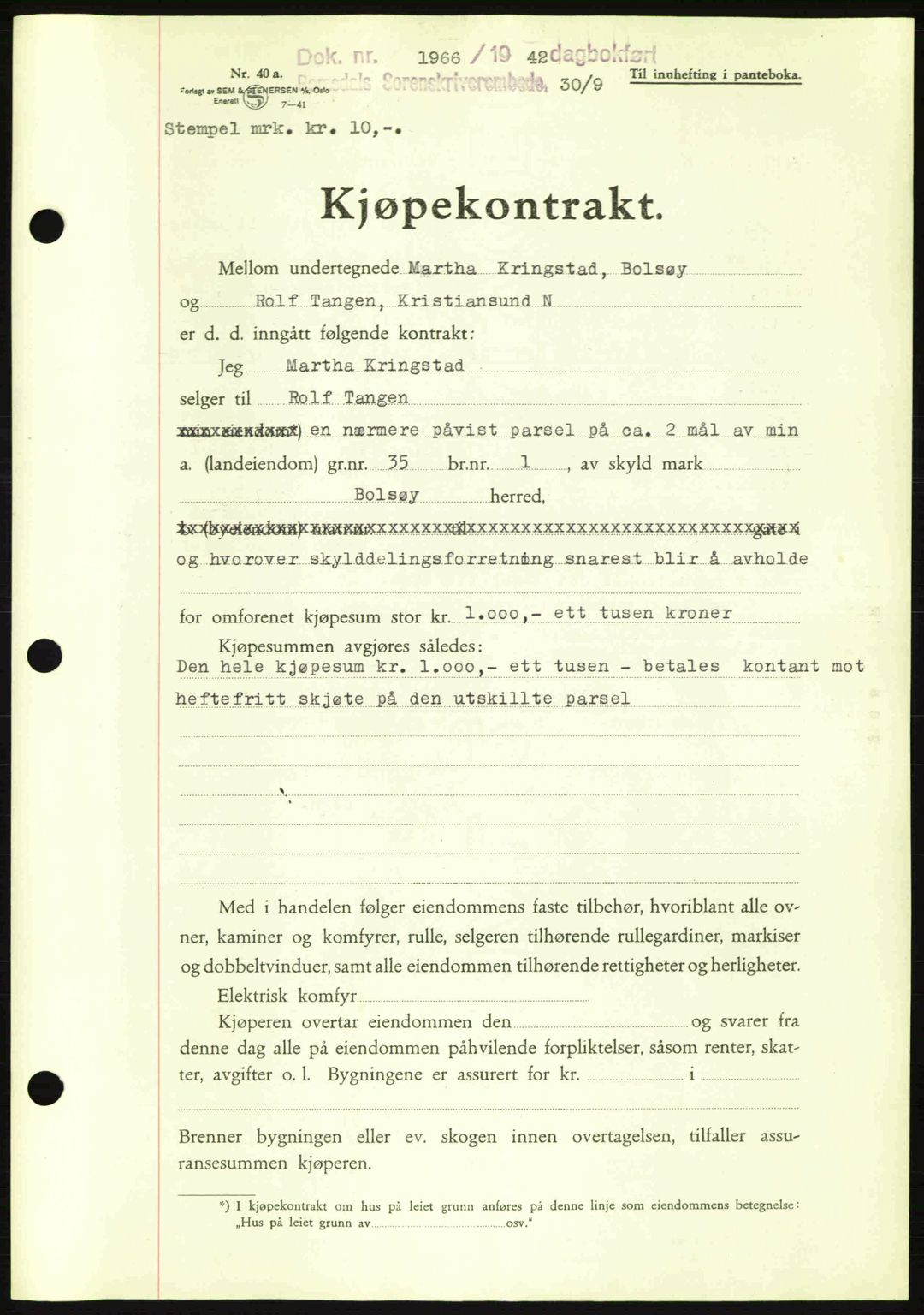 Romsdal sorenskriveri, AV/SAT-A-4149/1/2/2C: Mortgage book no. A12, 1942-1942, Diary no: : 1966/1942