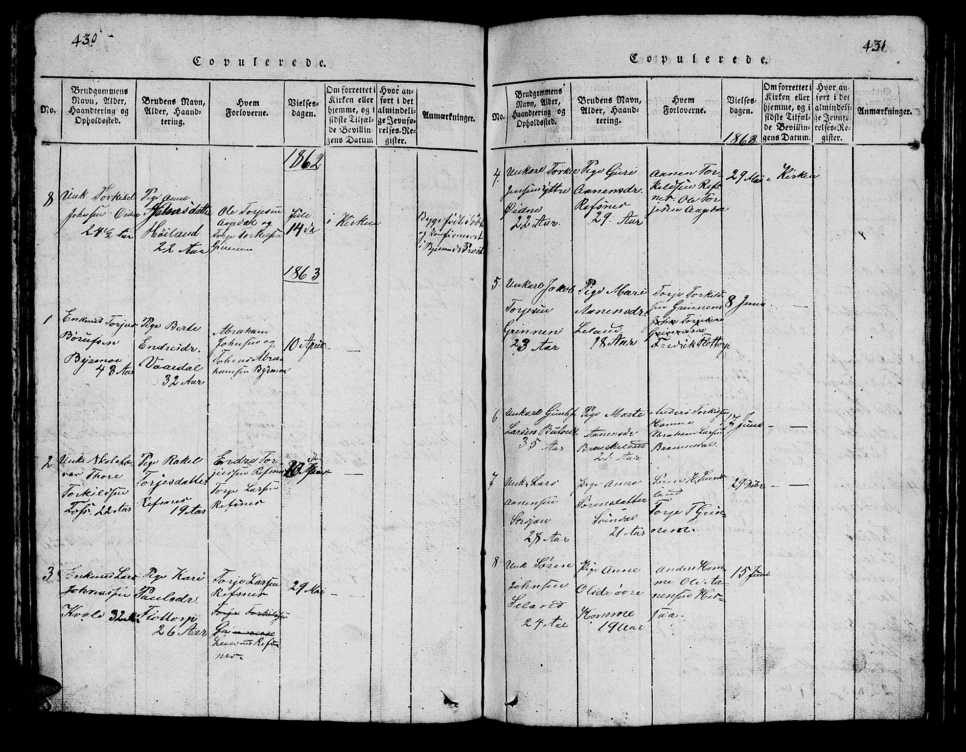 Bjelland sokneprestkontor, SAK/1111-0005/F/Fb/Fbc/L0001: Parish register (copy) no. B 1, 1815-1870, p. 430-431