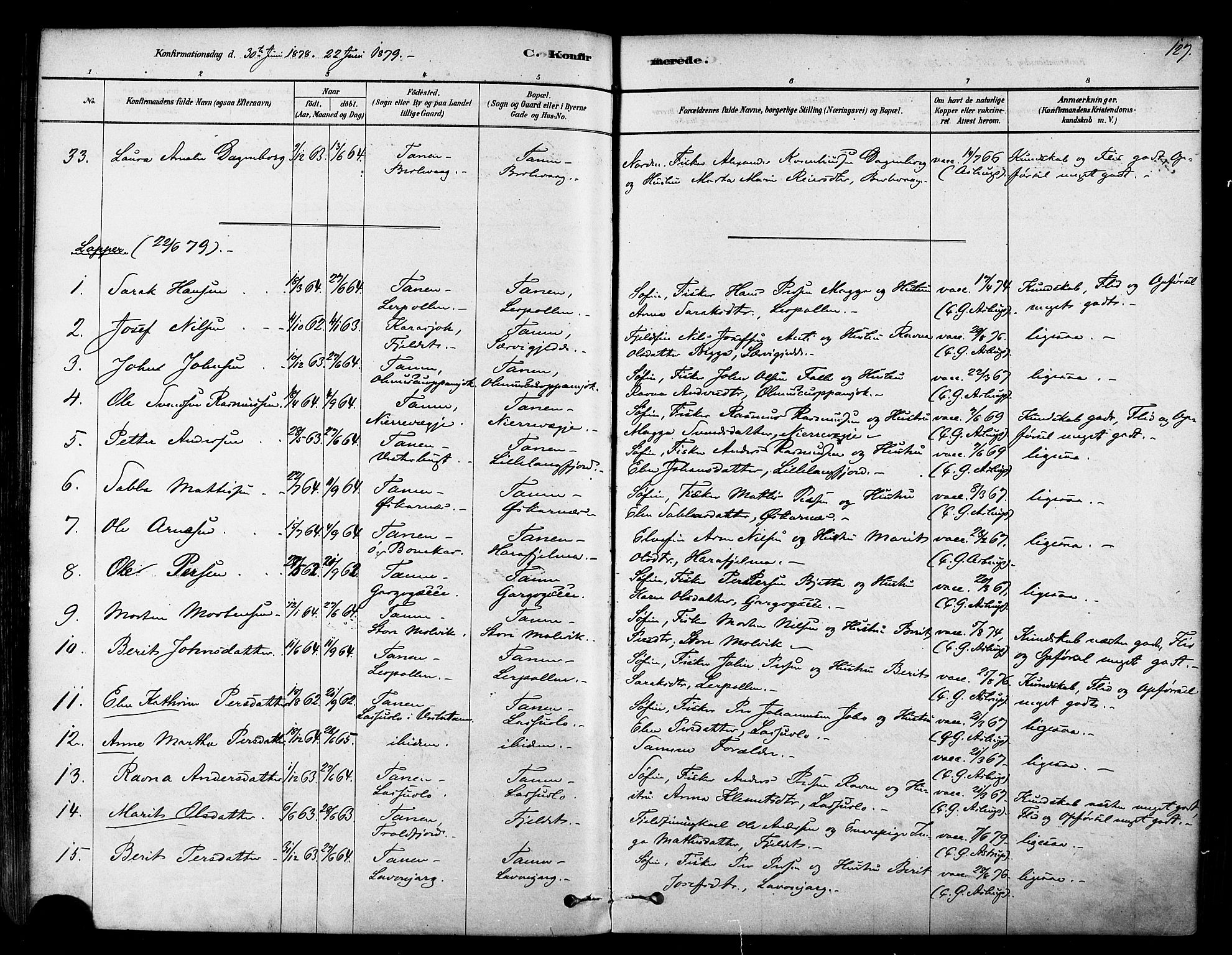 Tana sokneprestkontor, SATØ/S-1334/H/Ha/L0004kirke: Parish register (official) no. 4, 1878-1891, p. 127