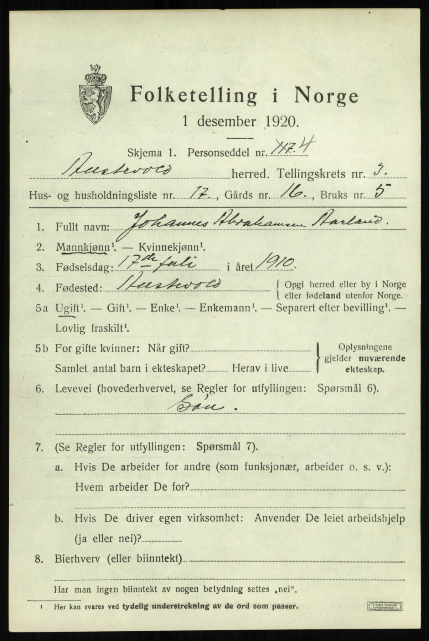 SAB, 1920 census for Austevoll, 1920, p. 2320