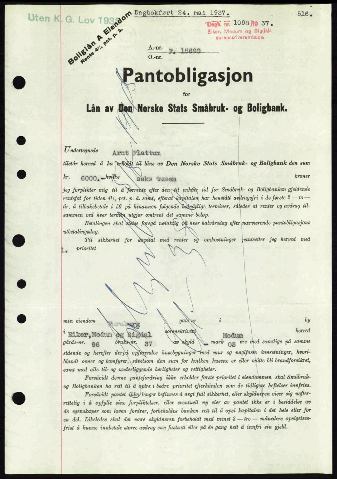 Eiker, Modum og Sigdal sorenskriveri, SAKO/A-123/G/Ga/Gab/L0035: Mortgage book no. A5, 1937-1937, Diary no: : 1098/1937