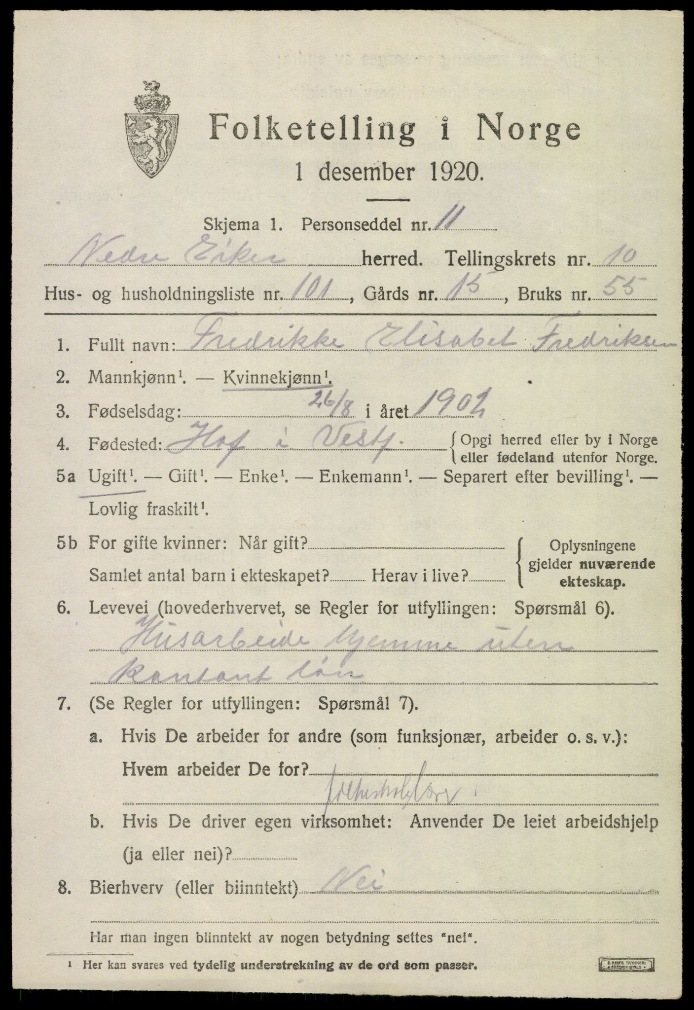 SAKO, 1920 census for Nedre Eiker, 1920, p. 11045