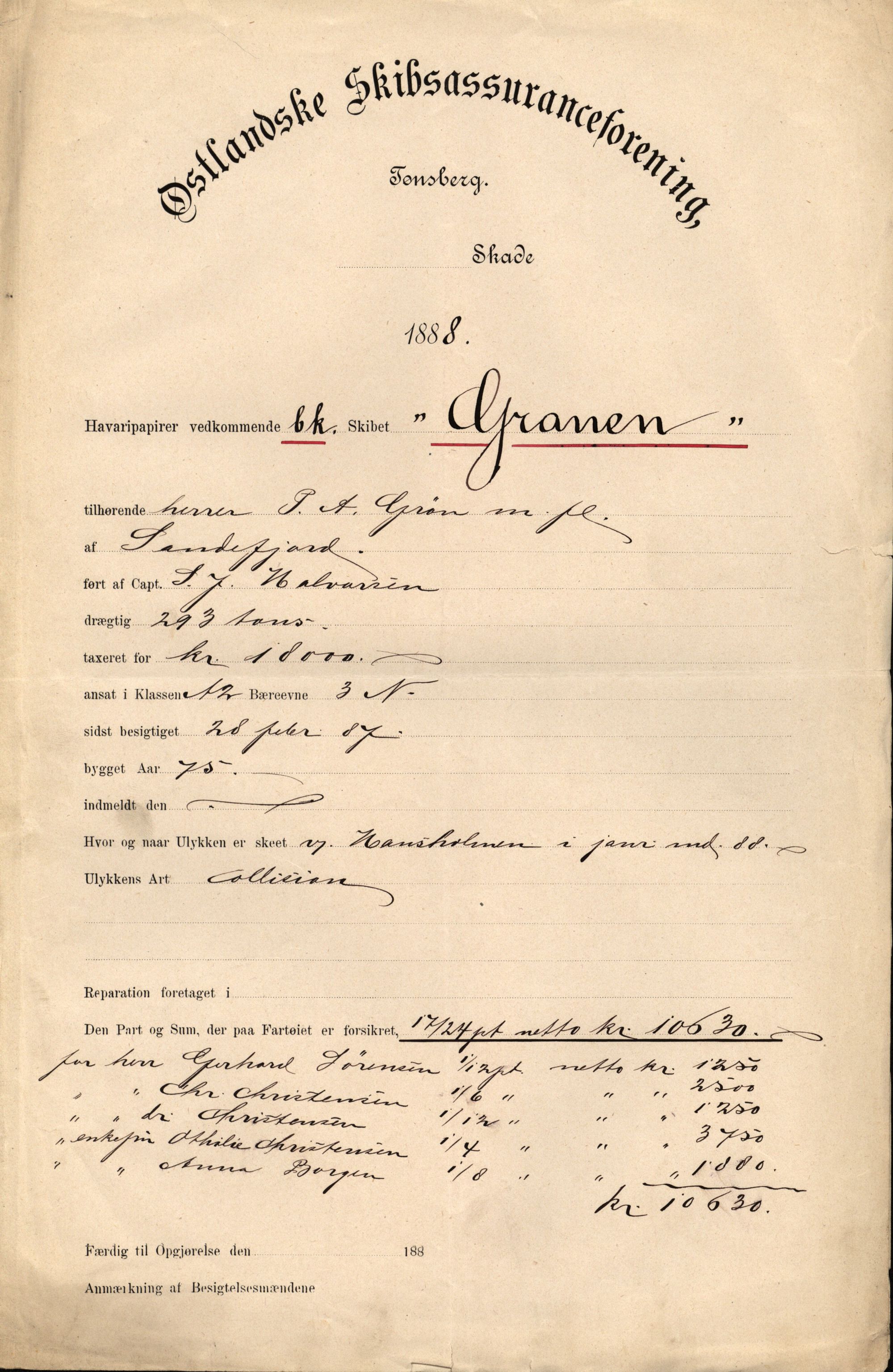 Pa 63 - Østlandske skibsassuranceforening, VEMU/A-1079/G/Ga/L0021/0006: Havaridokumenter / Gøthe, Granit, Granen, Harmonie, Lindsay, 1888, p. 28