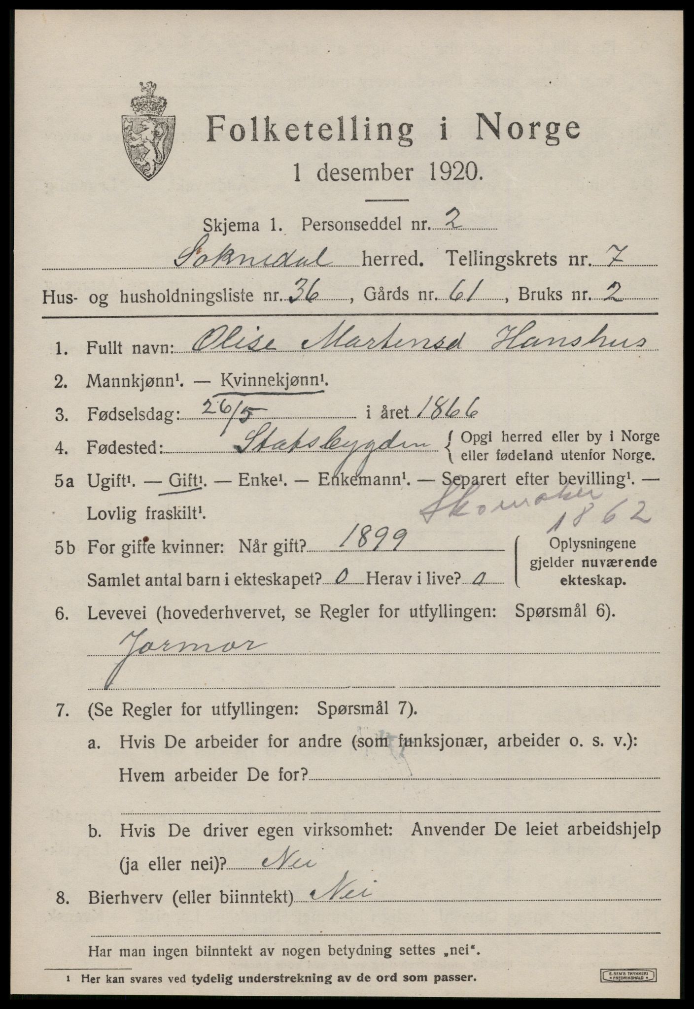 SAT, 1920 census for Soknedal, 1920, p. 3828