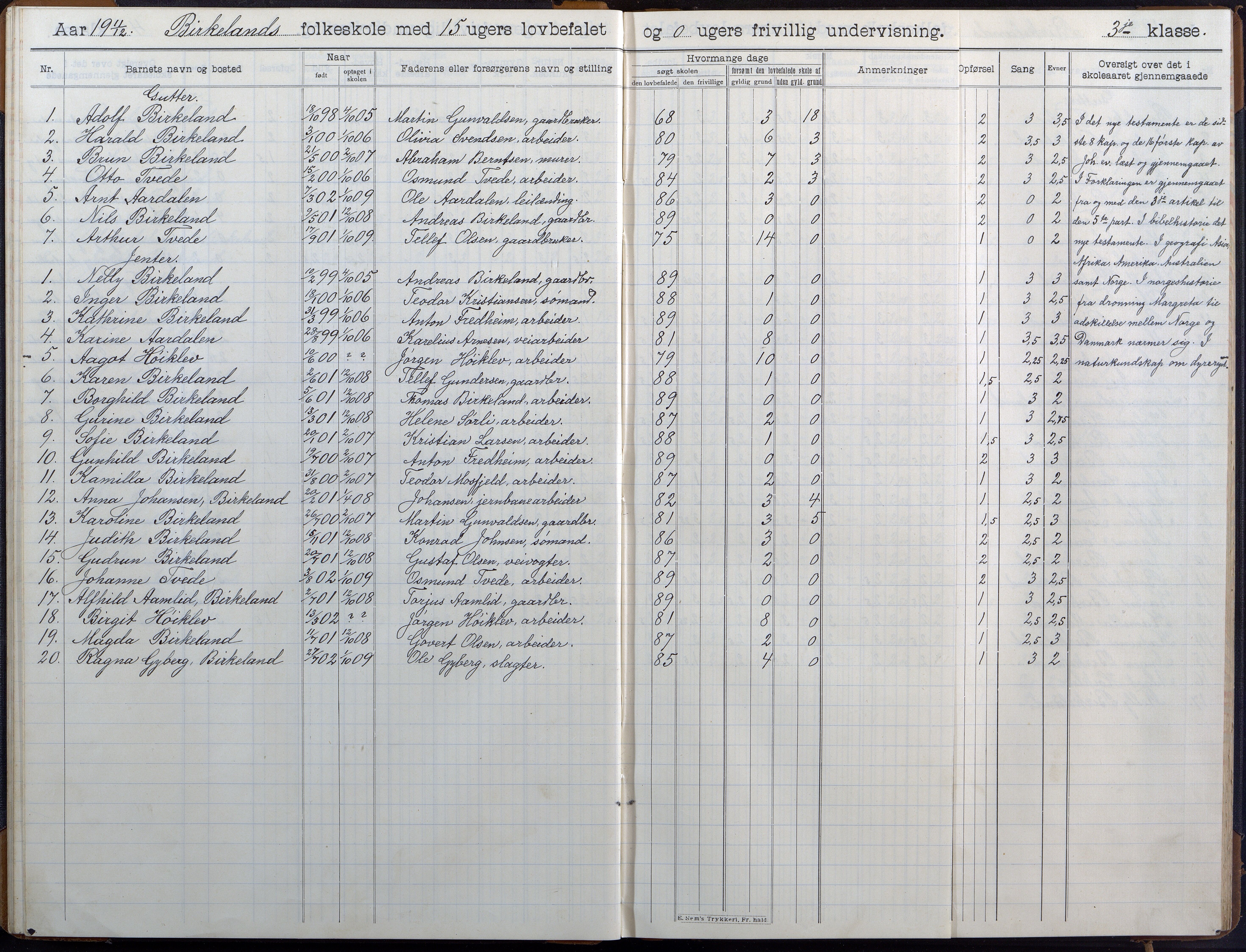 Birkenes kommune, Birkenes krets/Birkeland folkeskole frem til 1991, AAMA/KA0928-550a_91/F02/L0007: Skoleprotokoll, 1907-1931