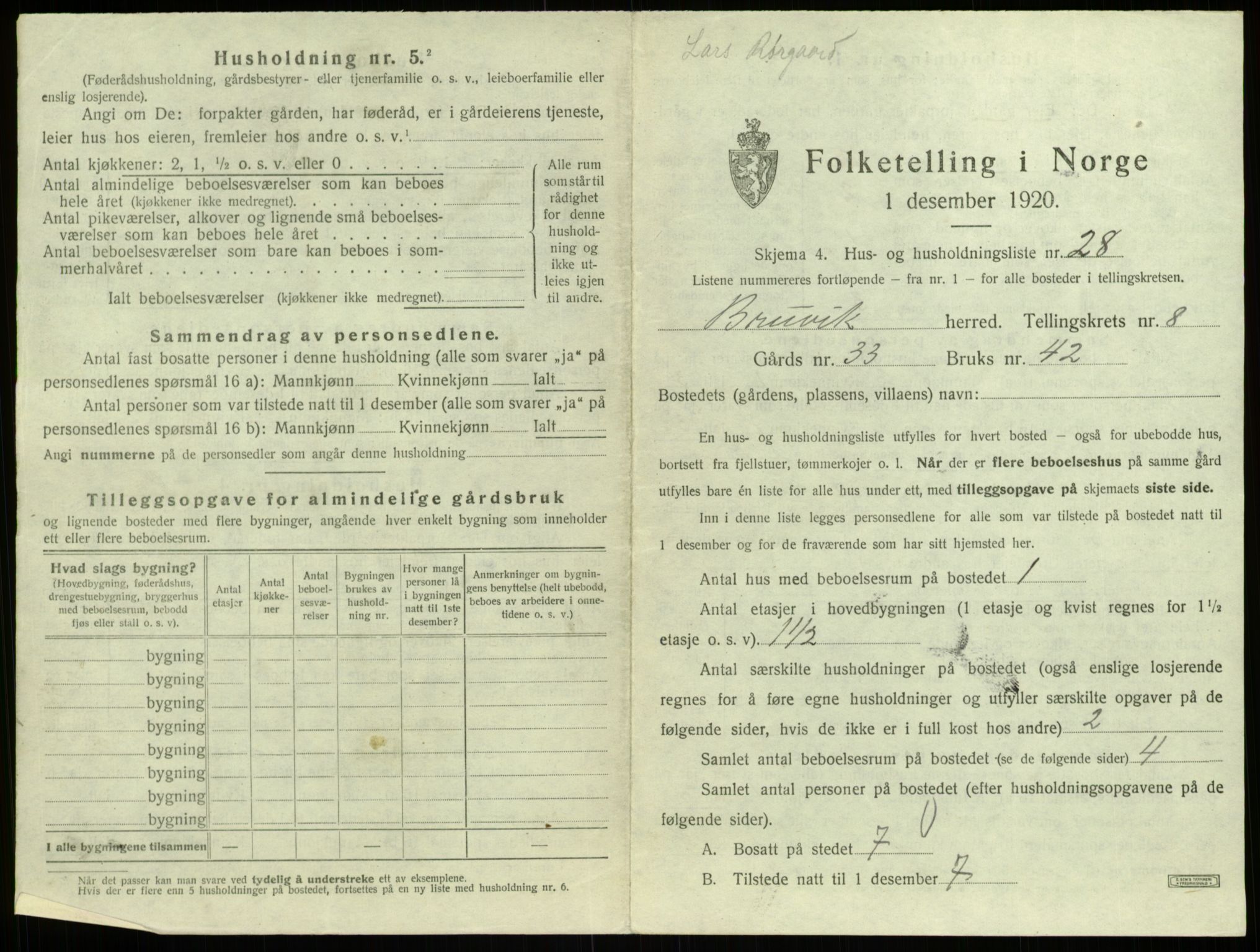 SAB, 1920 census for Bruvik, 1920, p. 598