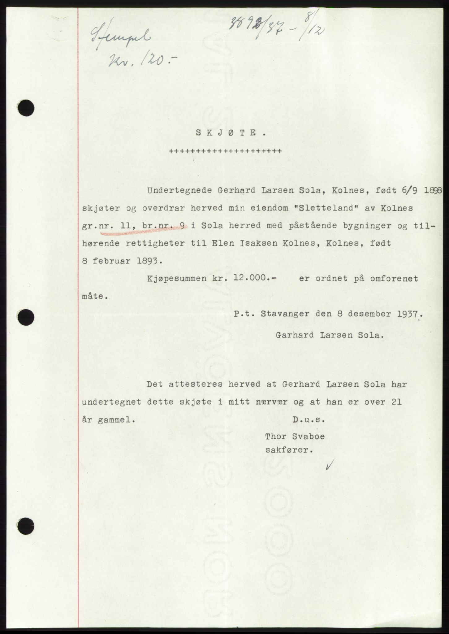 Jæren sorenskriveri, SAST/A-100310/03/G/Gba/L0069: Mortgage book, 1937-1937, Diary no: : 3892/1937