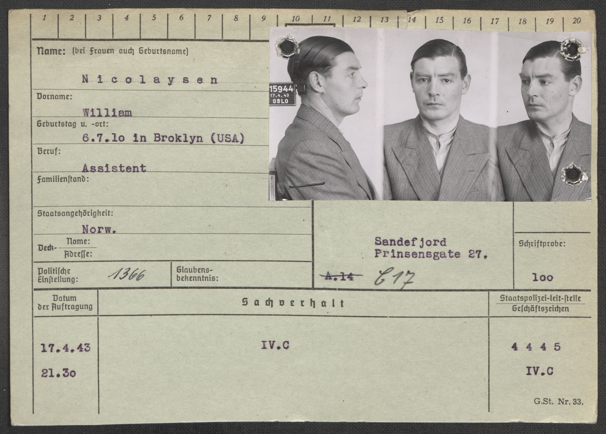 Befehlshaber der Sicherheitspolizei und des SD, AV/RA-RAFA-5969/E/Ea/Eaa/L0007: Register over norske fanger i Møllergata 19: Lundb-N, 1940-1945, p. 1052