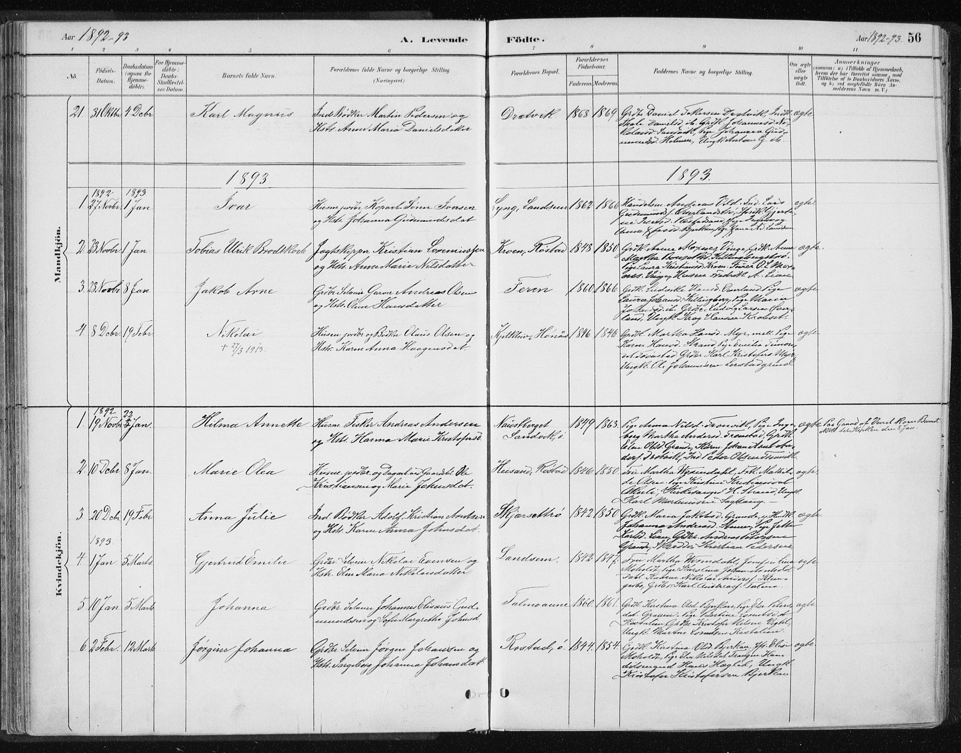 Ministerialprotokoller, klokkerbøker og fødselsregistre - Nord-Trøndelag, SAT/A-1458/701/L0010: Parish register (official) no. 701A10, 1883-1899, p. 56