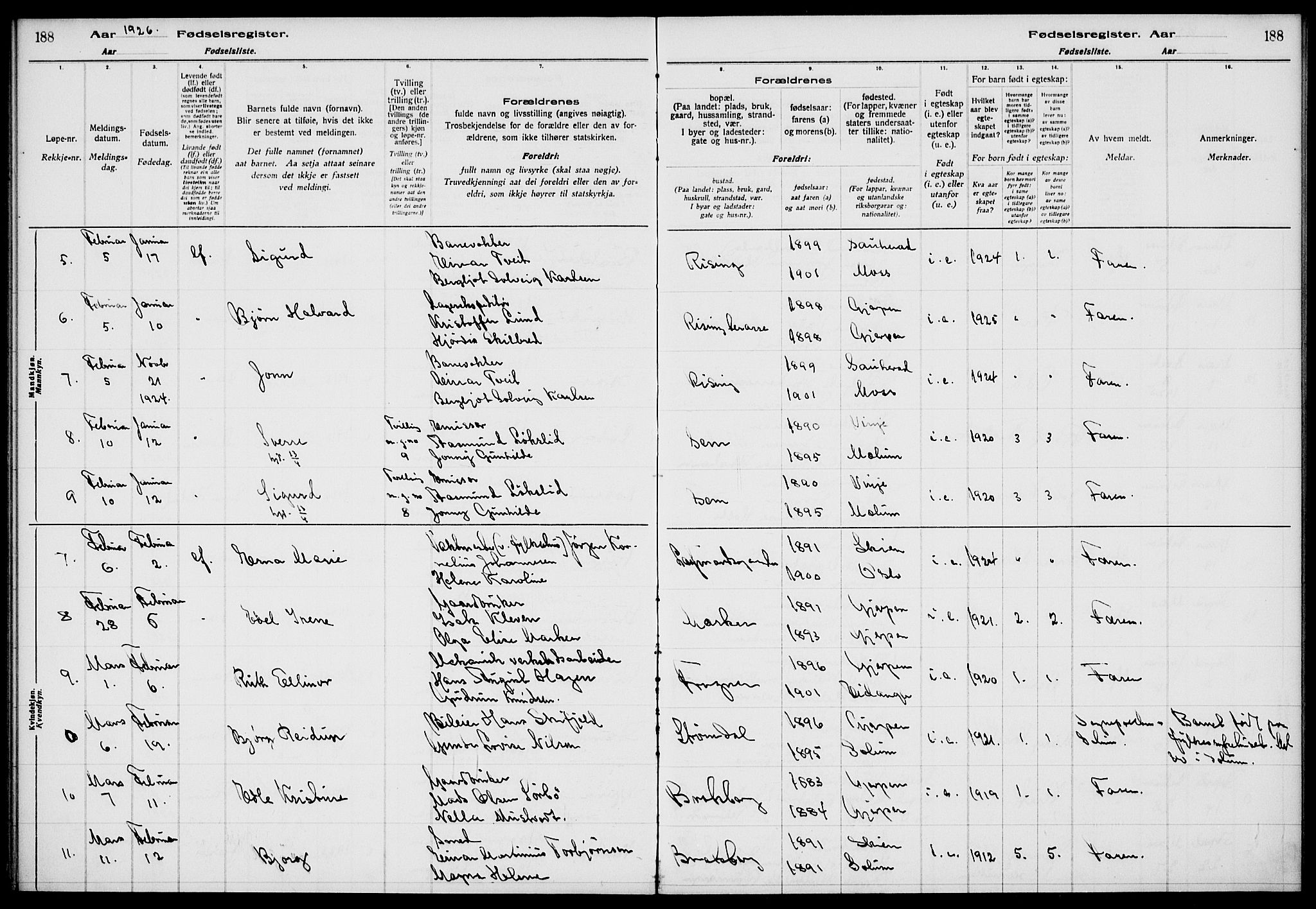 Gjerpen kirkebøker, SAKO/A-265/J/Ja/L0001: Birth register no. 1, 1916-1926, p. 188