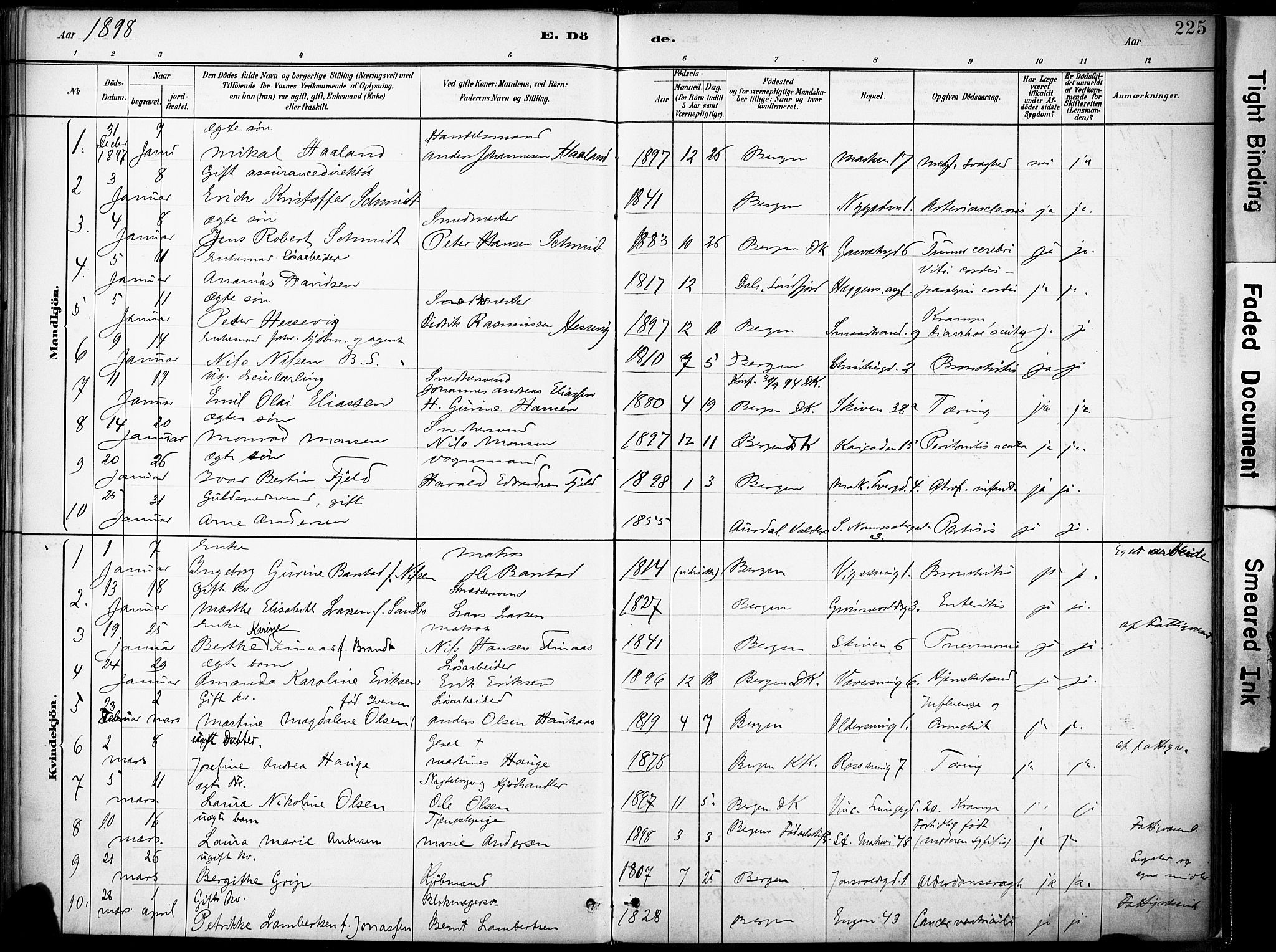 Domkirken sokneprestembete, SAB/A-74801/H/Haa/L0043: Parish register (official) no. E 5, 1882-1904, p. 225