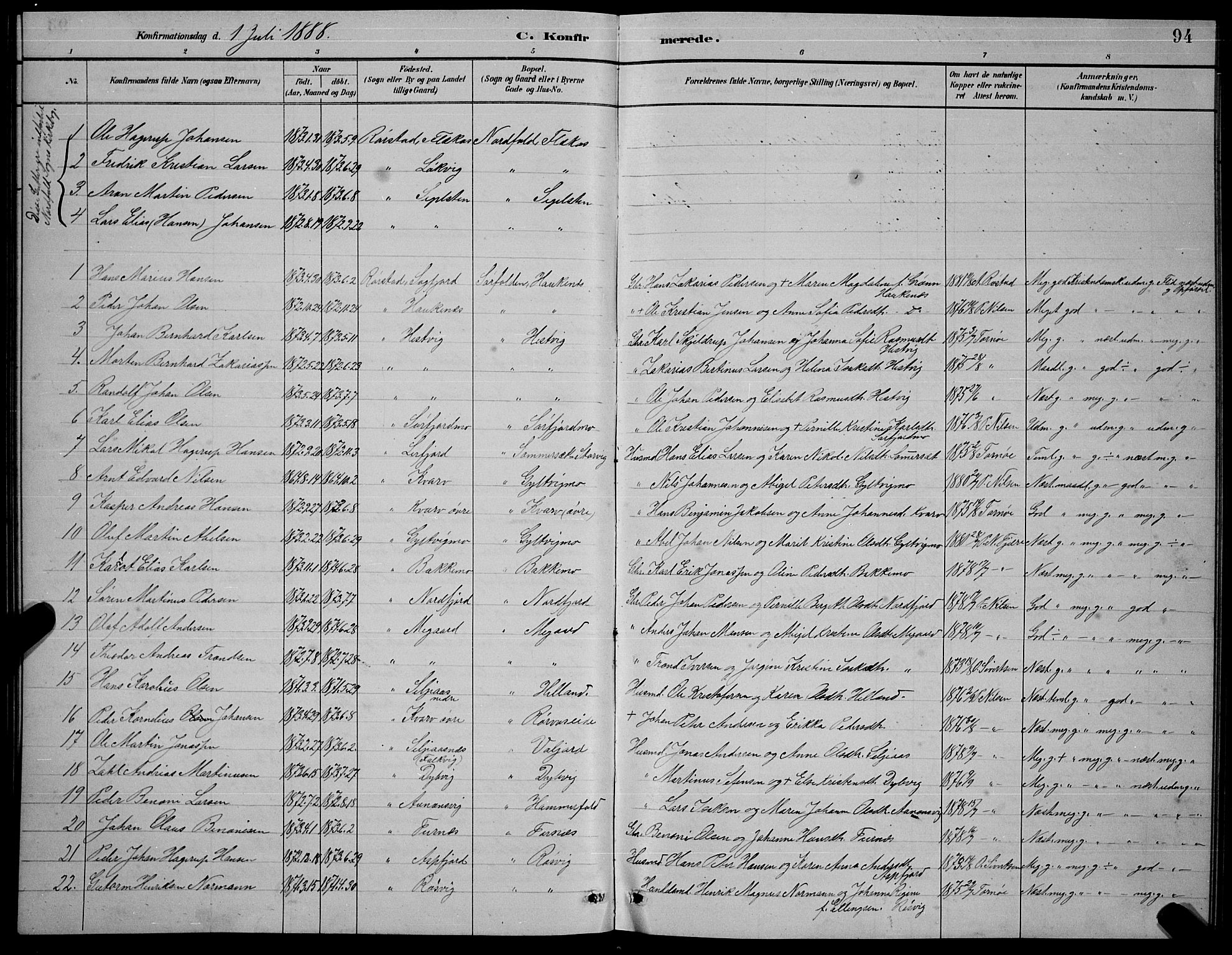 Ministerialprotokoller, klokkerbøker og fødselsregistre - Nordland, SAT/A-1459/854/L0785: Parish register (copy) no. 854C01, 1883-1891, p. 94