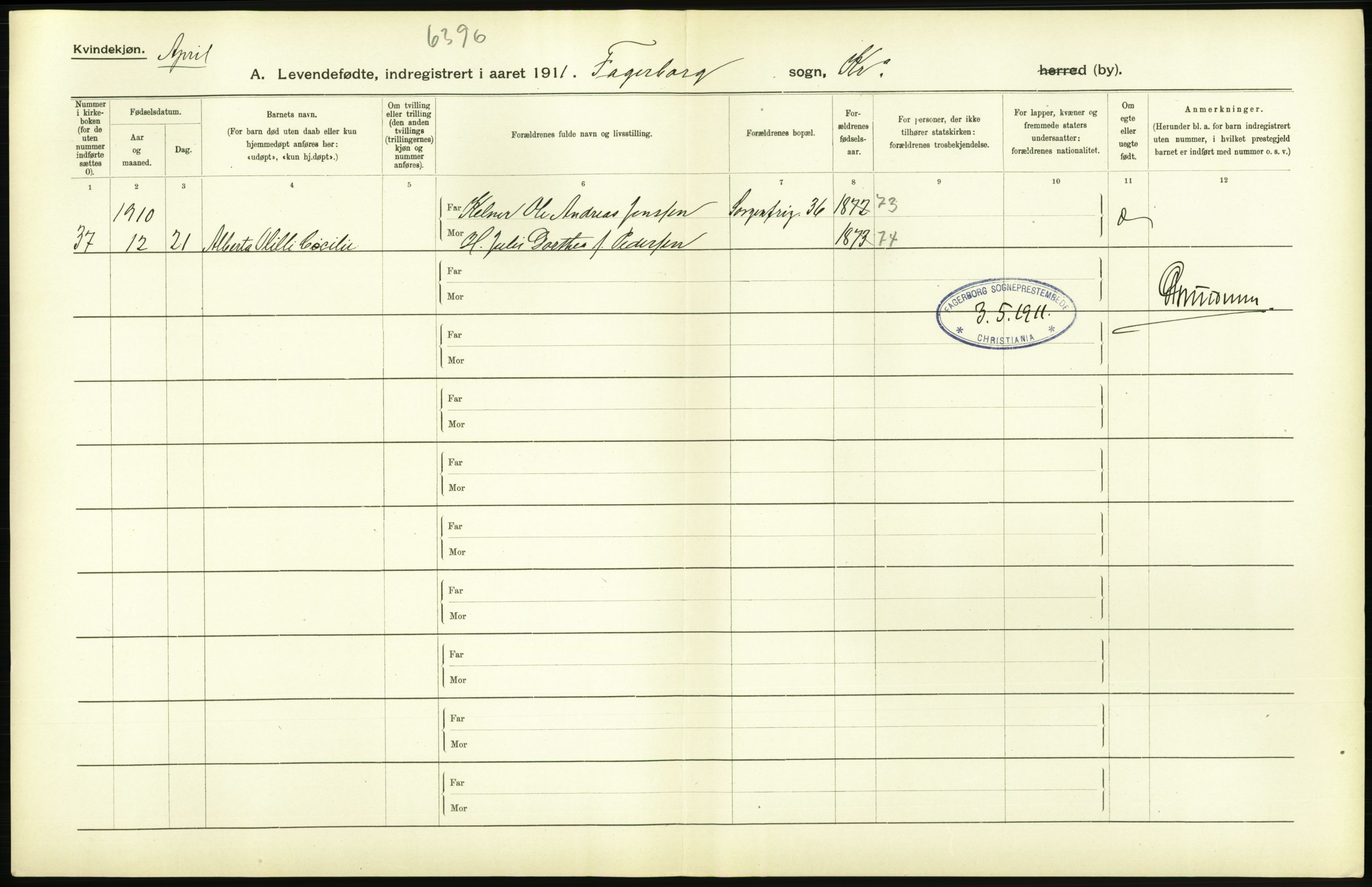 Statistisk sentralbyrå, Sosiodemografiske emner, Befolkning, AV/RA-S-2228/D/Df/Dfb/Dfba/L0007: Kristiania: Levendefødte kvinner., 1911, p. 446