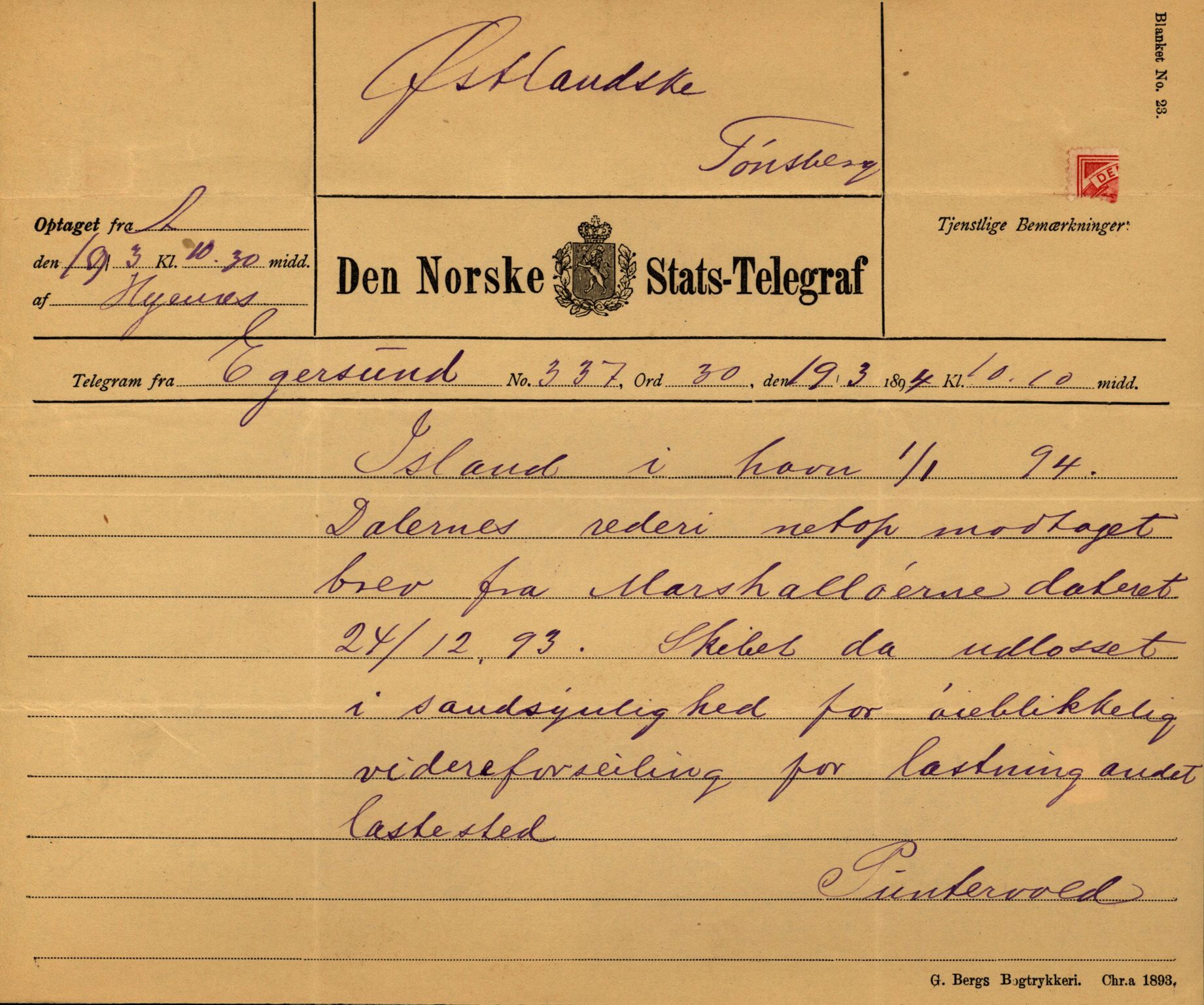 Pa 63 - Østlandske skibsassuranceforening, VEMU/A-1079/G/Ga/L0030/0008: Havaridokumenter / Skjoldmoen, Dalerne, Union, 1894, p. 59