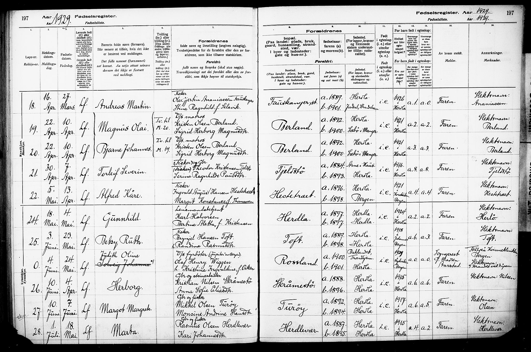 Herdla Sokneprestembete, AV/SAB-A-75701/I/Id/L00A1: Birth register no. A 1, 1916-1929, p. 197