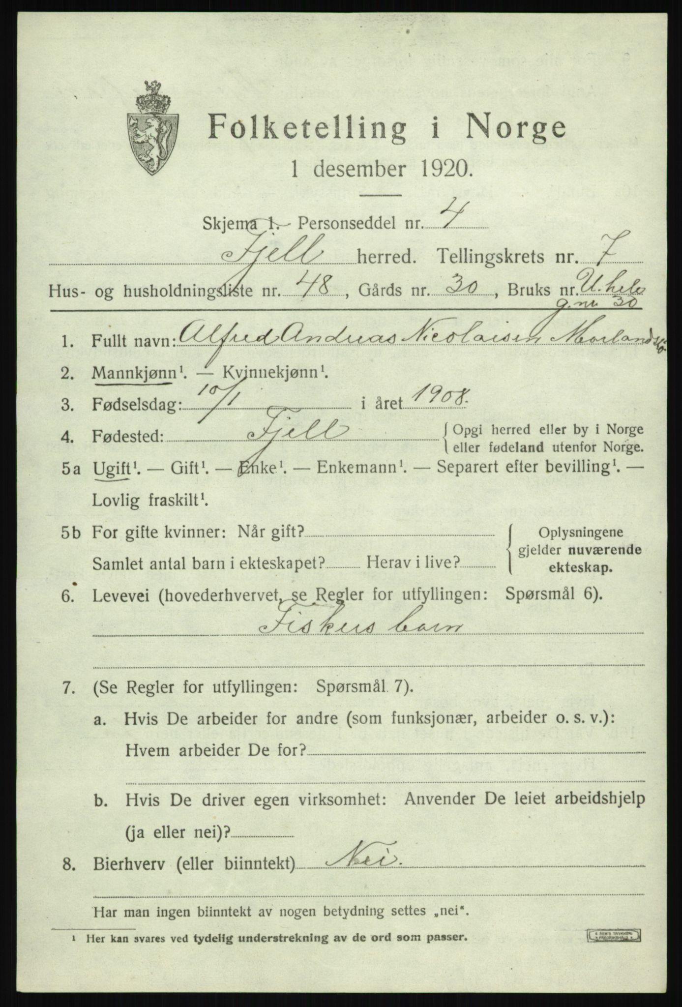 SAB, 1920 census for Fjell, 1920, p. 7114