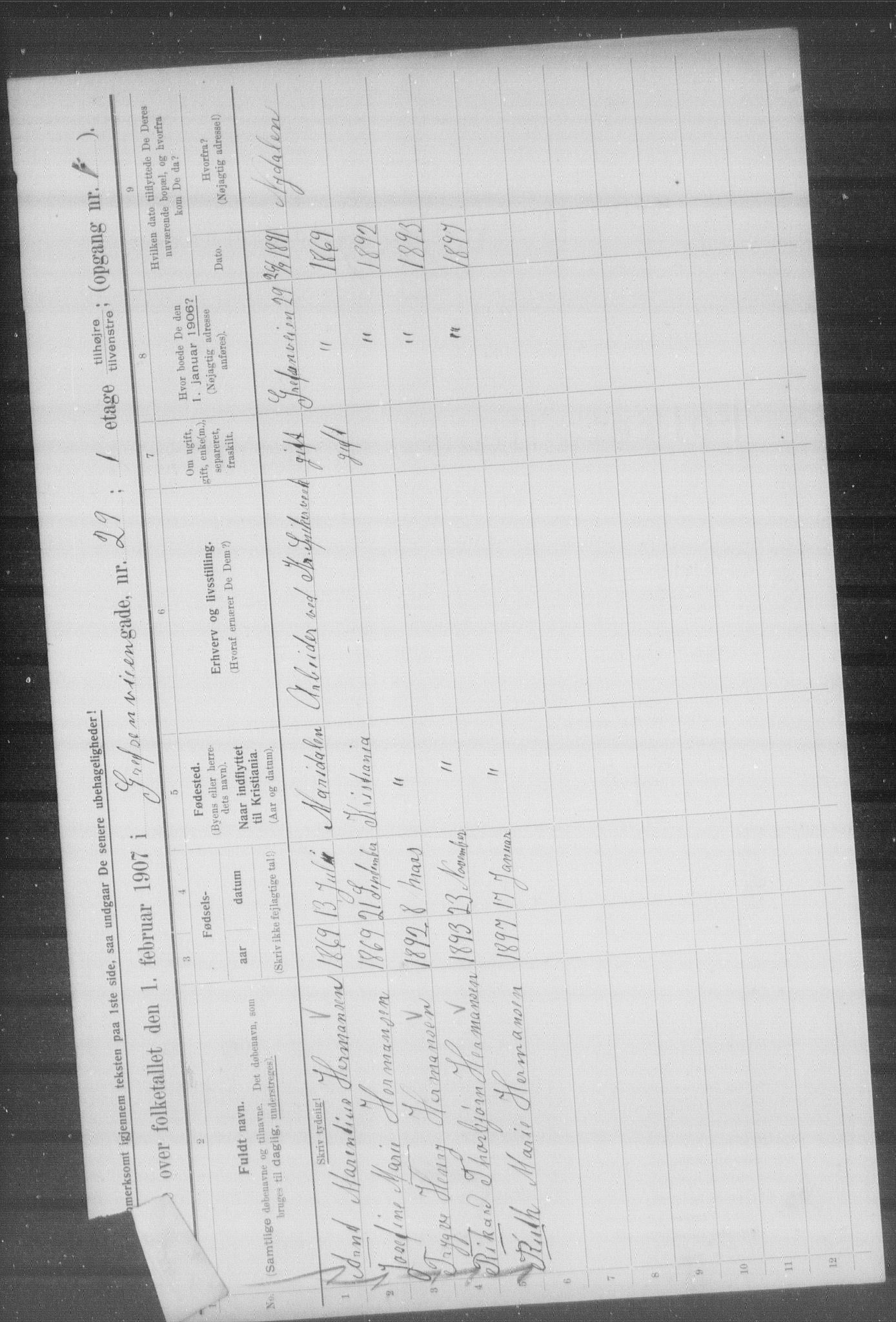 OBA, Municipal Census 1907 for Kristiania, 1907, p. 15069