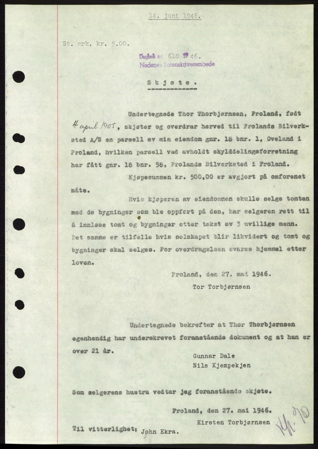 Nedenes sorenskriveri, SAK/1221-0006/G/Gb/Gba/L0054: Mortgage book no. A6c, 1946-1946, Diary no: : 618/1946
