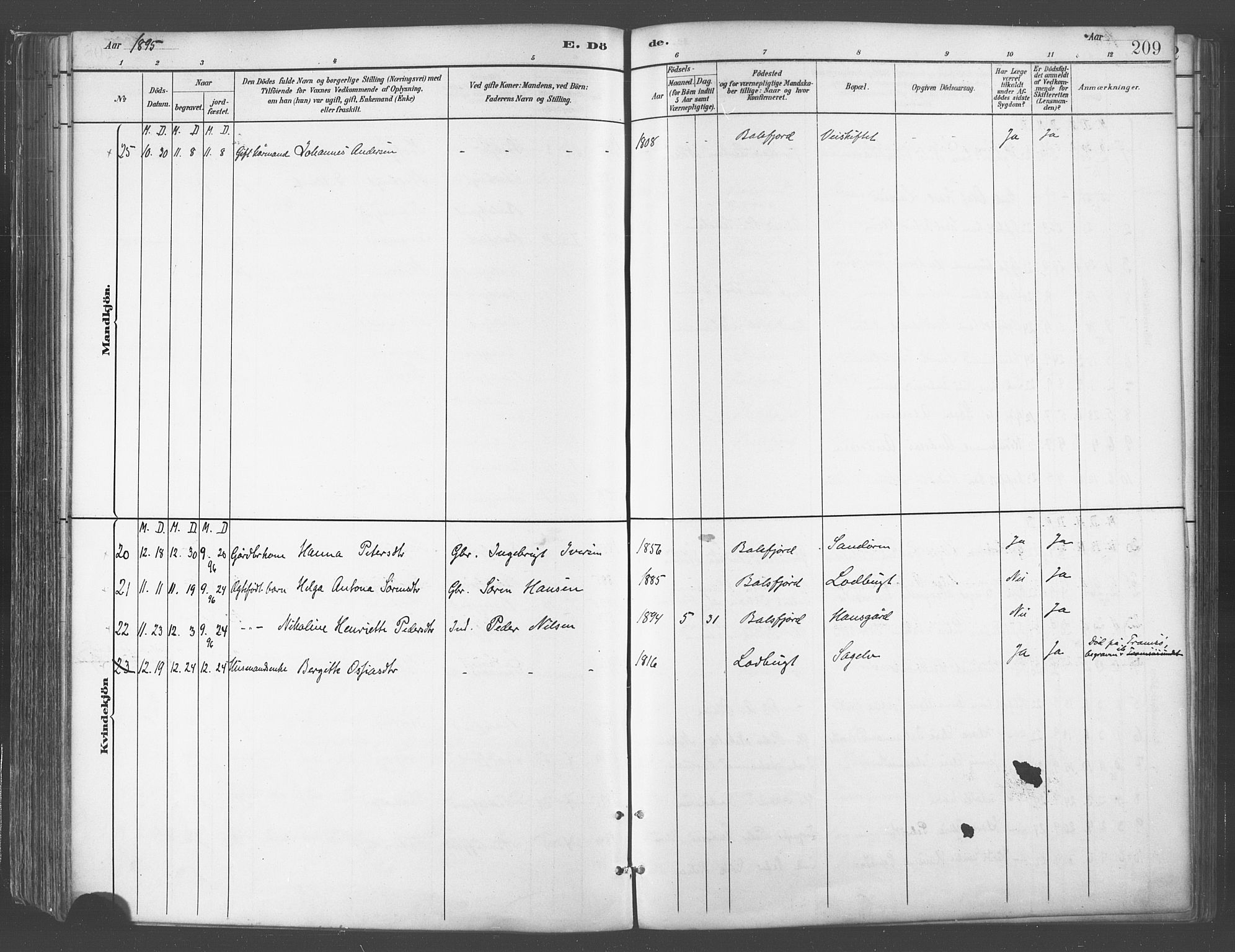 Balsfjord sokneprestembete, SATØ/S-1303/G/Ga/L0005kirke: Parish register (official) no. 5, 1884-1897, p. 209