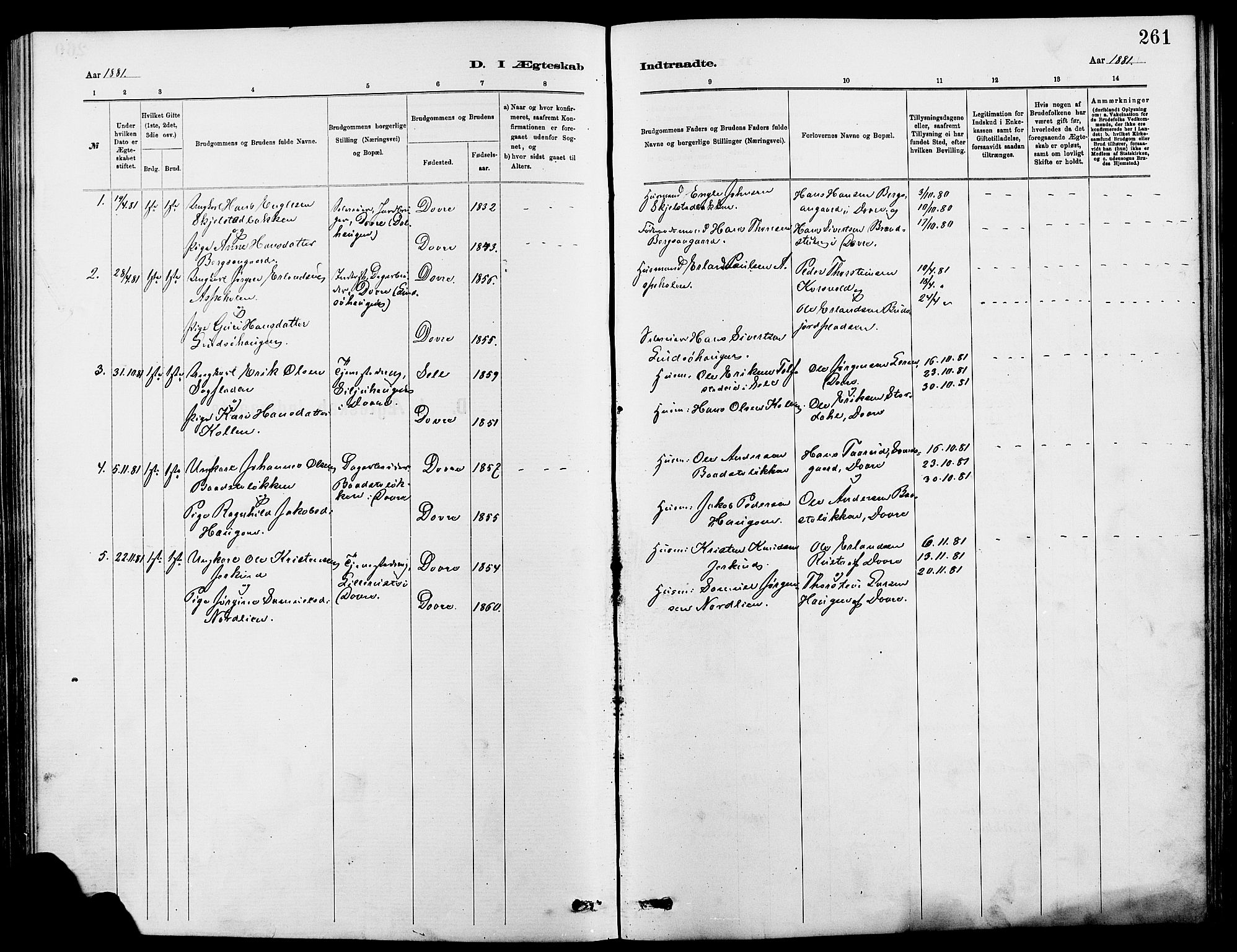 Dovre prestekontor, SAH/PREST-066/H/Ha/Hab/L0002: Parish register (copy) no. 2, 1881-1907, p. 261
