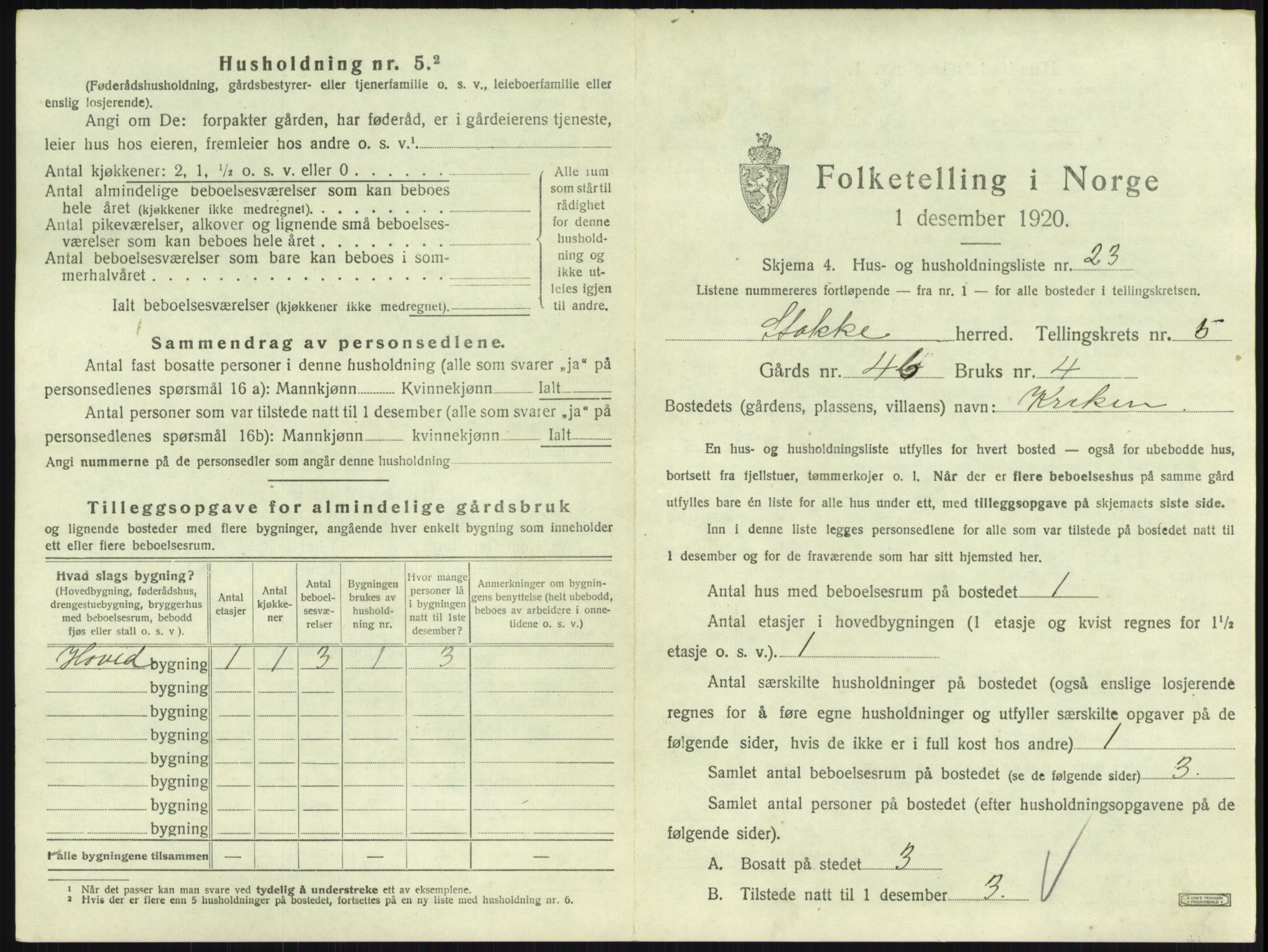 SAKO, 1920 census for Stokke, 1920, p. 1027