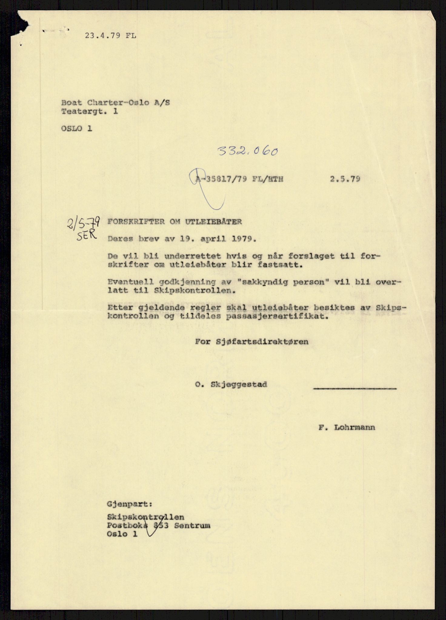 Sjøfartsdirektoratet med forløpere, generelt arkiv, AV/RA-S-1407/D/Du/Duc/L0641/0004: Skipskontrollen - Forskrifter    / Utleiebåter (2 mapper), 1977-1989, p. 2