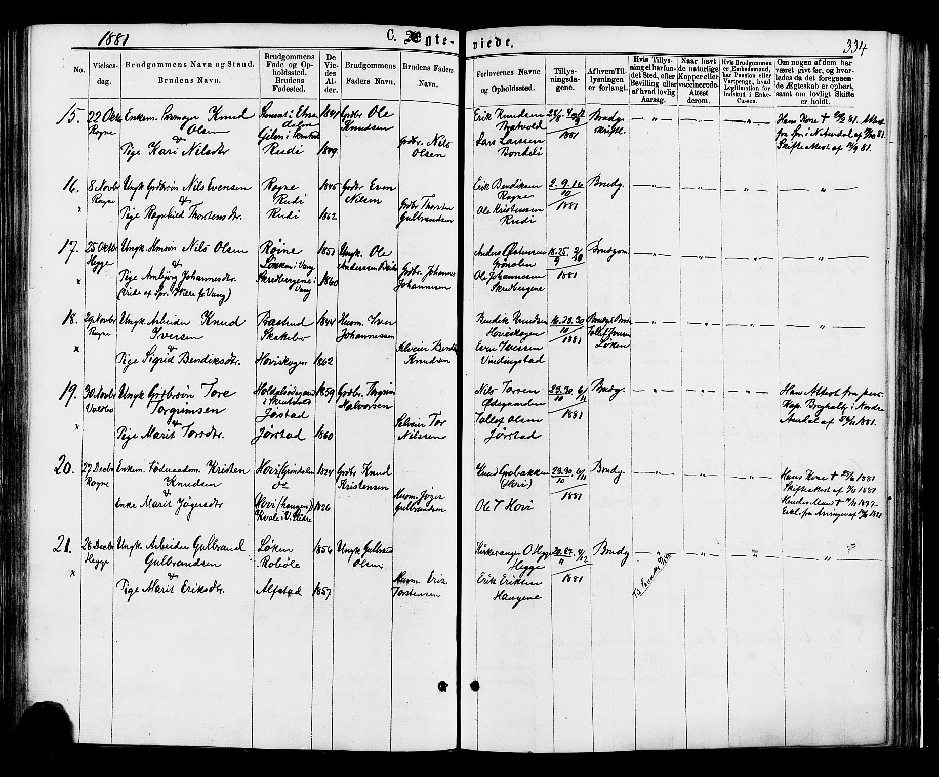 Øystre Slidre prestekontor, SAH/PREST-138/H/Ha/Haa/L0002: Parish register (official) no. 2, 1874-1886, p. 334