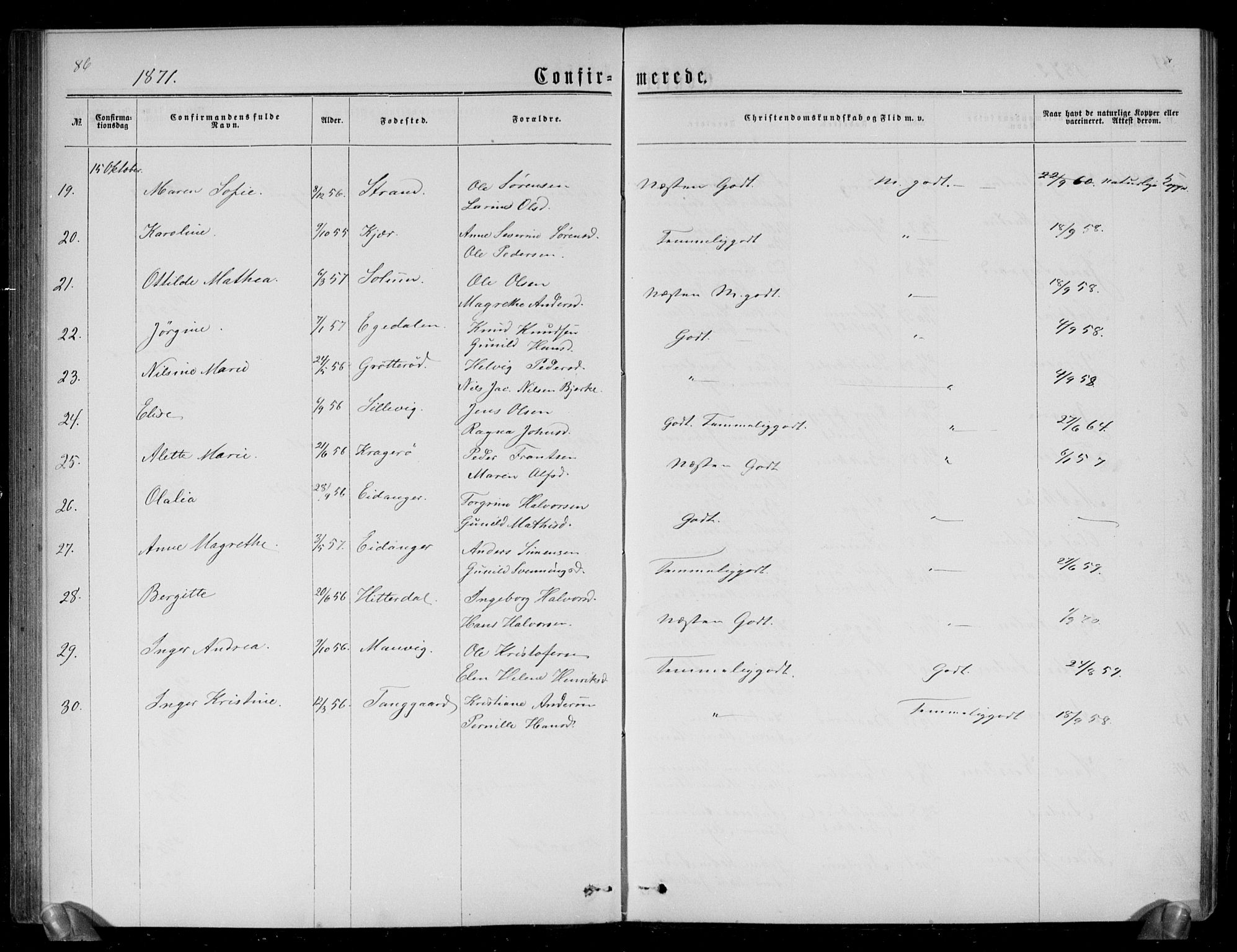 Brunlanes kirkebøker, SAKO/A-342/G/Ga/L0002: Parish register (copy) no. I 2, 1866-1876, p. 86