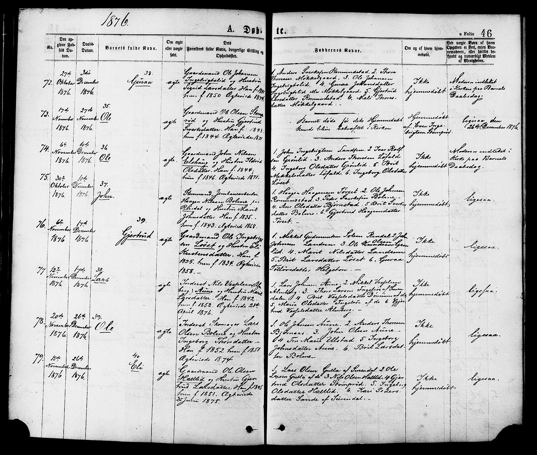 Ministerialprotokoller, klokkerbøker og fødselsregistre - Møre og Romsdal, AV/SAT-A-1454/598/L1068: Parish register (official) no. 598A02, 1872-1881, p. 46