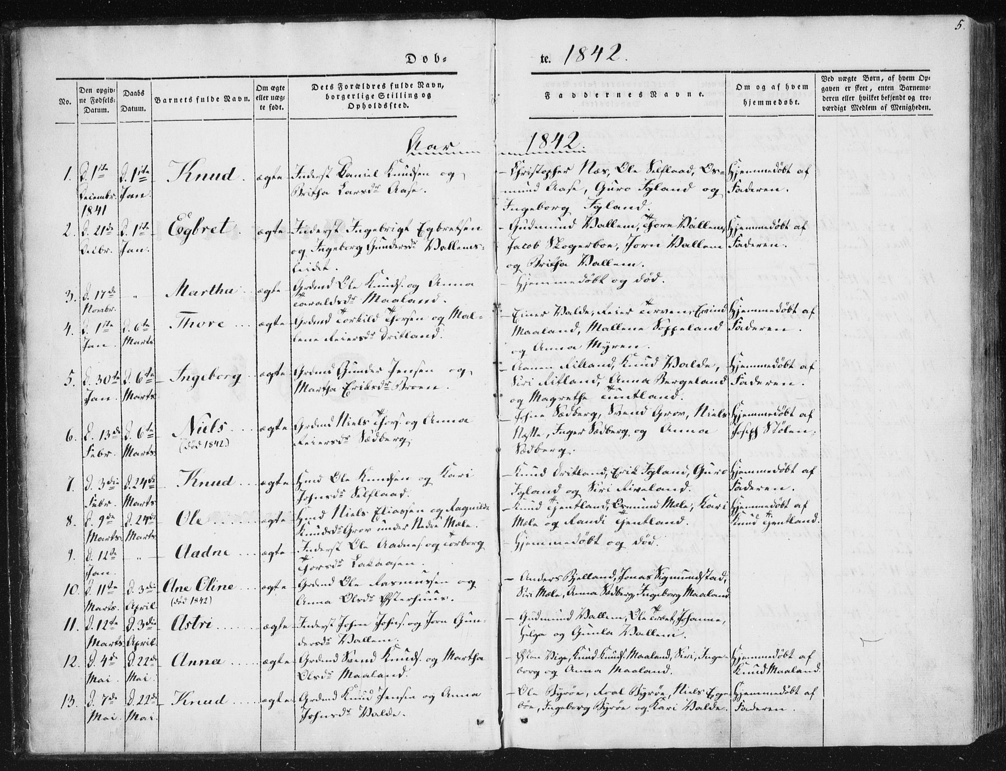 Hjelmeland sokneprestkontor, AV/SAST-A-101843/01/IV/L0008: Parish register (official) no. A 8, 1842-1861, p. 5