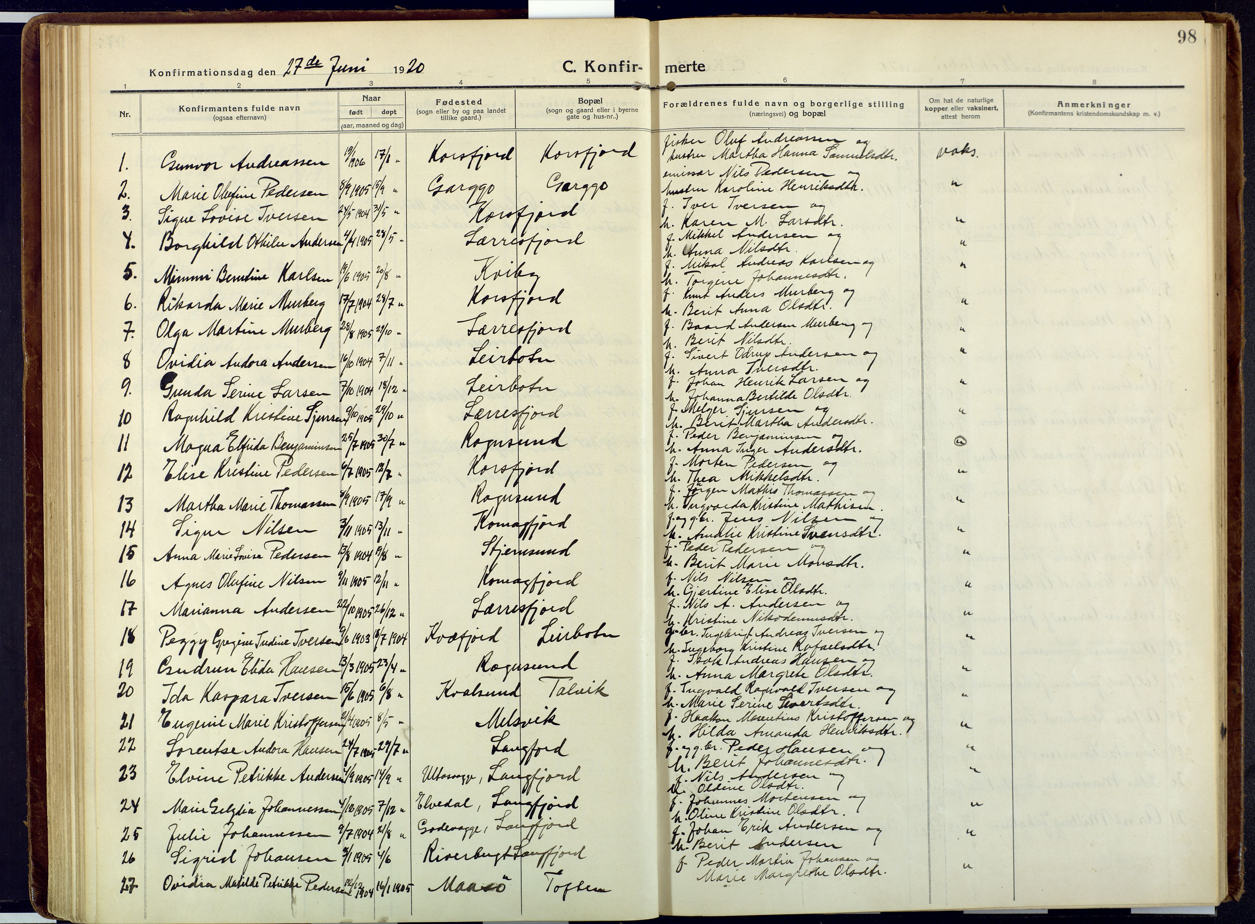 Talvik sokneprestkontor, SATØ/S-1337/H/Ha/L0018kirke: Parish register (official) no. 18, 1915-1924, p. 98