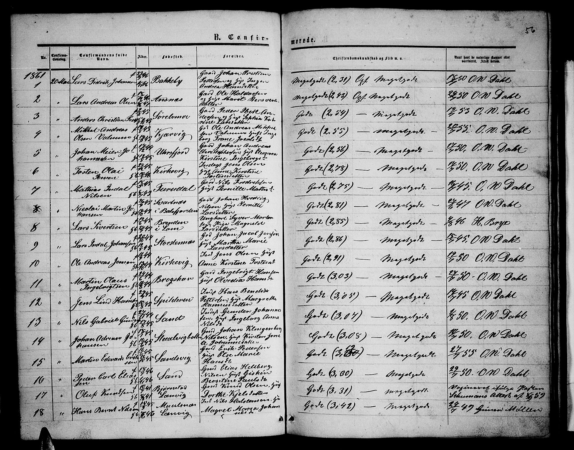 Balsfjord sokneprestembete, SATØ/S-1303/G/Ga/L0001klokker: Parish register (copy) no. 1, 1856-1869, p. 56