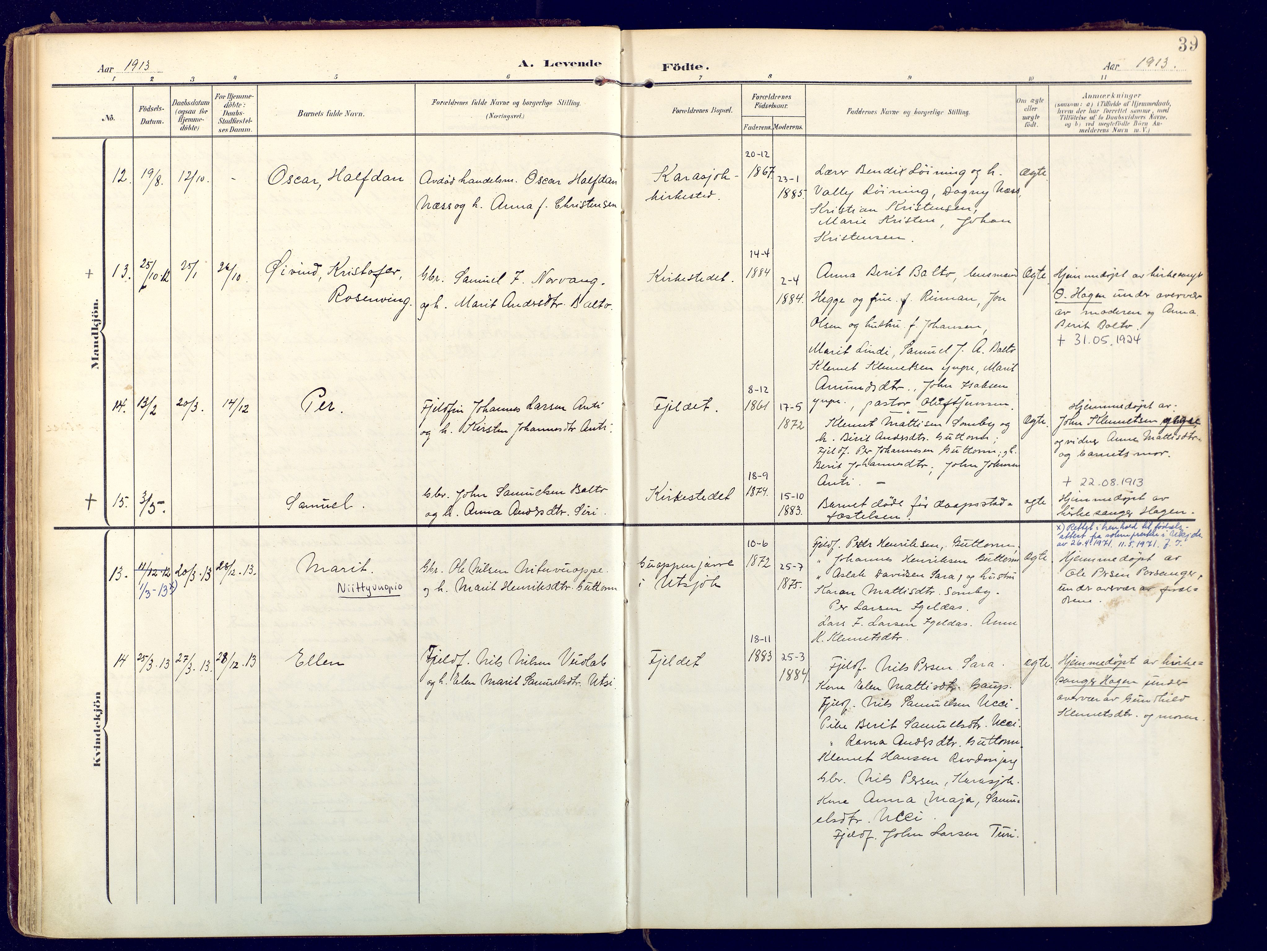 Karasjok sokneprestkontor, AV/SATØ-S-1352/H/Ha: Parish register (official) no. 3, 1907-1926, p. 39