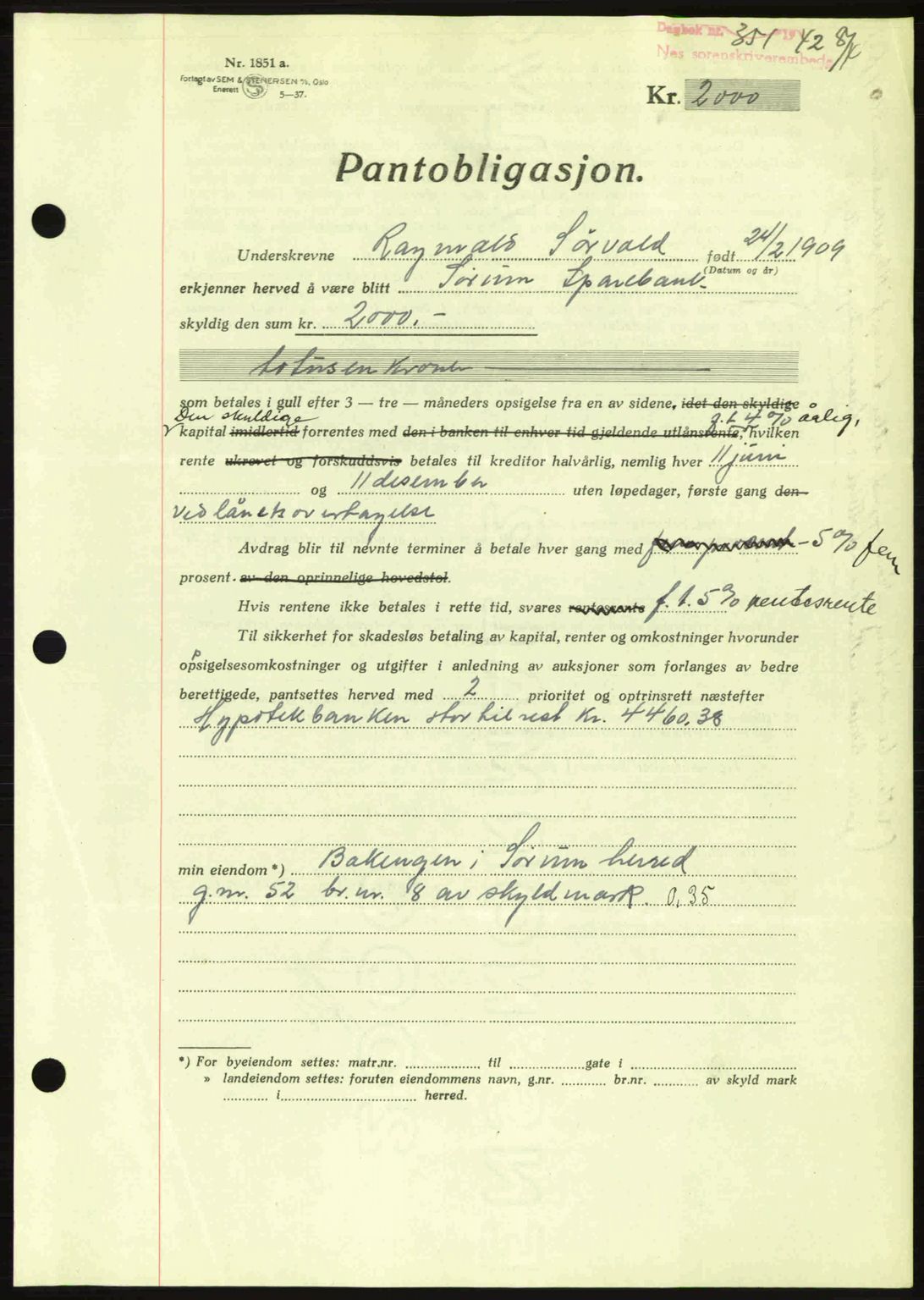 Nes tingrett, SAO/A-10548/G/Gb/Gbb/L0013: Mortgage book no. 57, 1942-1942, Diary no: : 351/1942