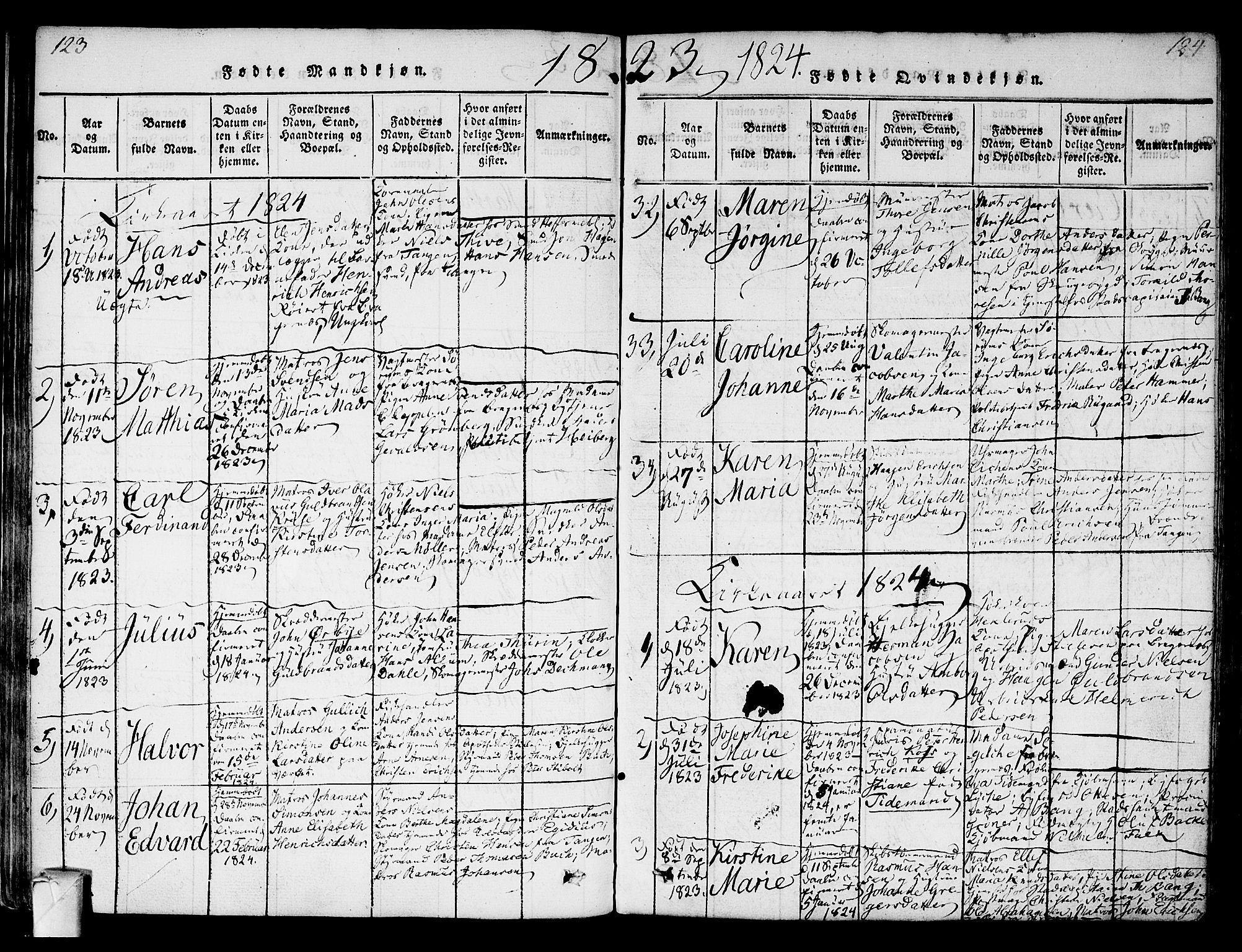 Strømsø kirkebøker, SAKO/A-246/F/Fa/L0011: Parish register (official) no. I 11, 1815-1829, p. 123-124
