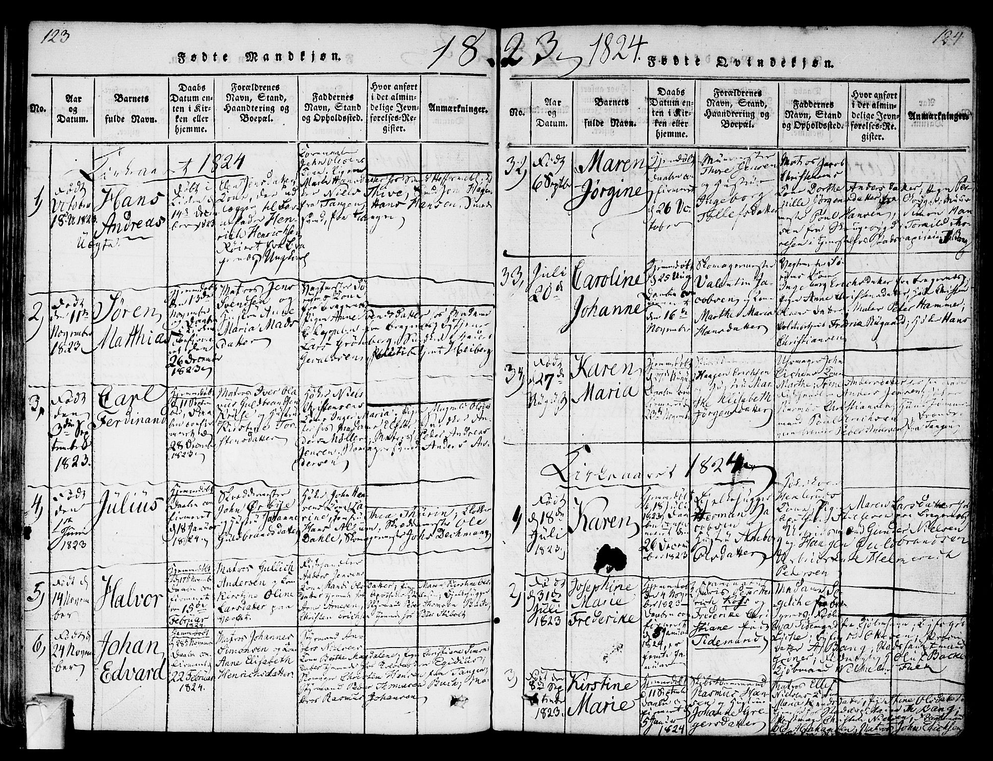 Strømsø kirkebøker, AV/SAKO-A-246/F/Fa/L0011: Parish register (official) no. I 11, 1815-1829, p. 123-124