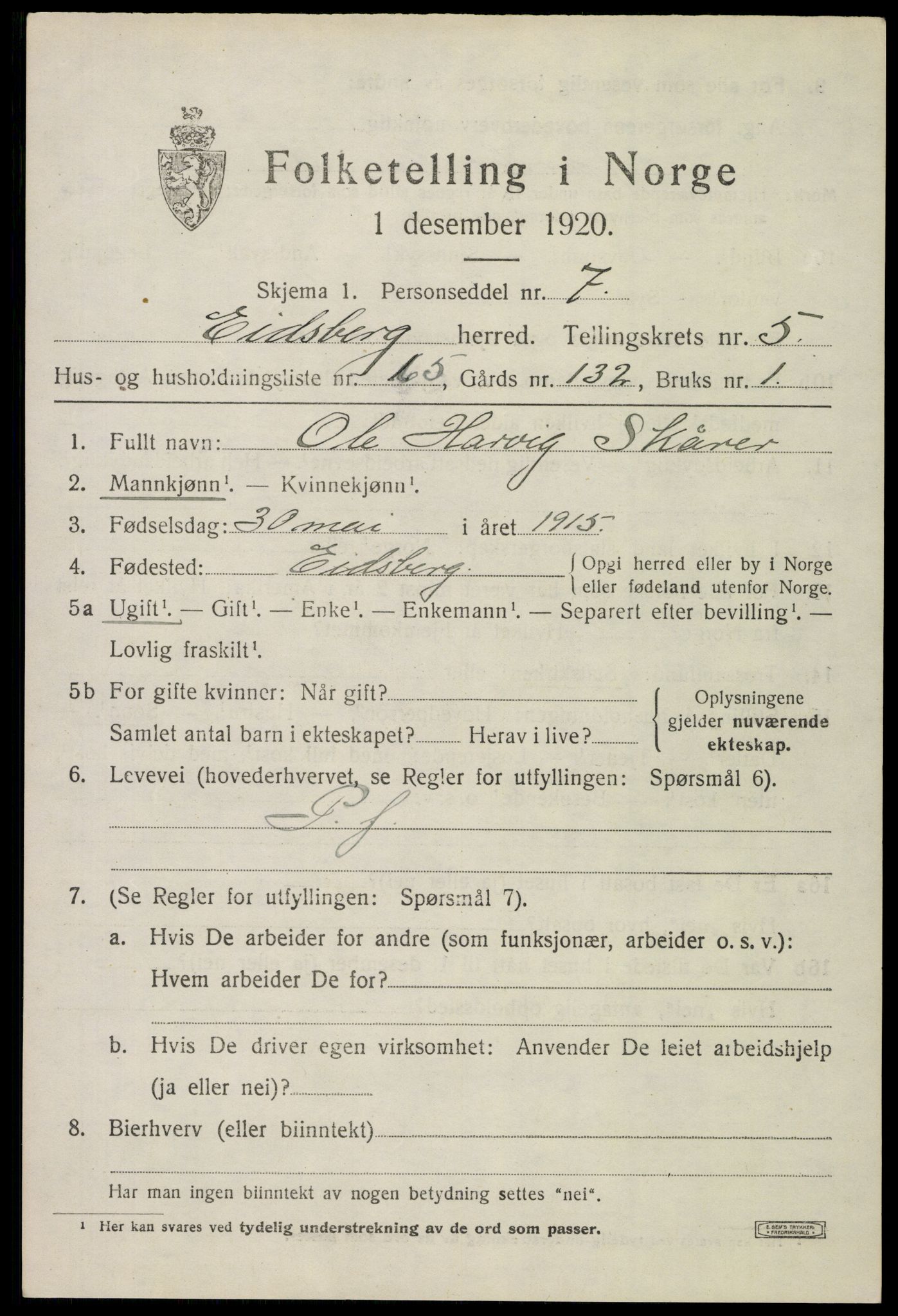 SAO, 1920 census for Eidsberg, 1920, p. 7475