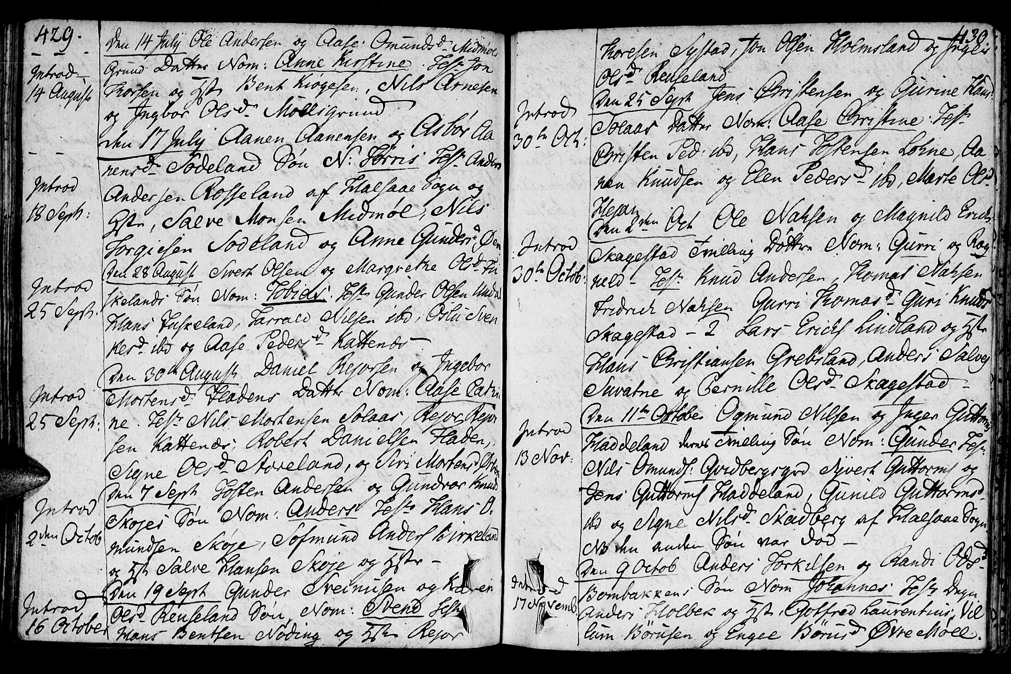 Holum sokneprestkontor, AV/SAK-1111-0022/F/Fa/Faa/L0003: Parish register (official) no. A 3, 1780-1821, p. 429-430