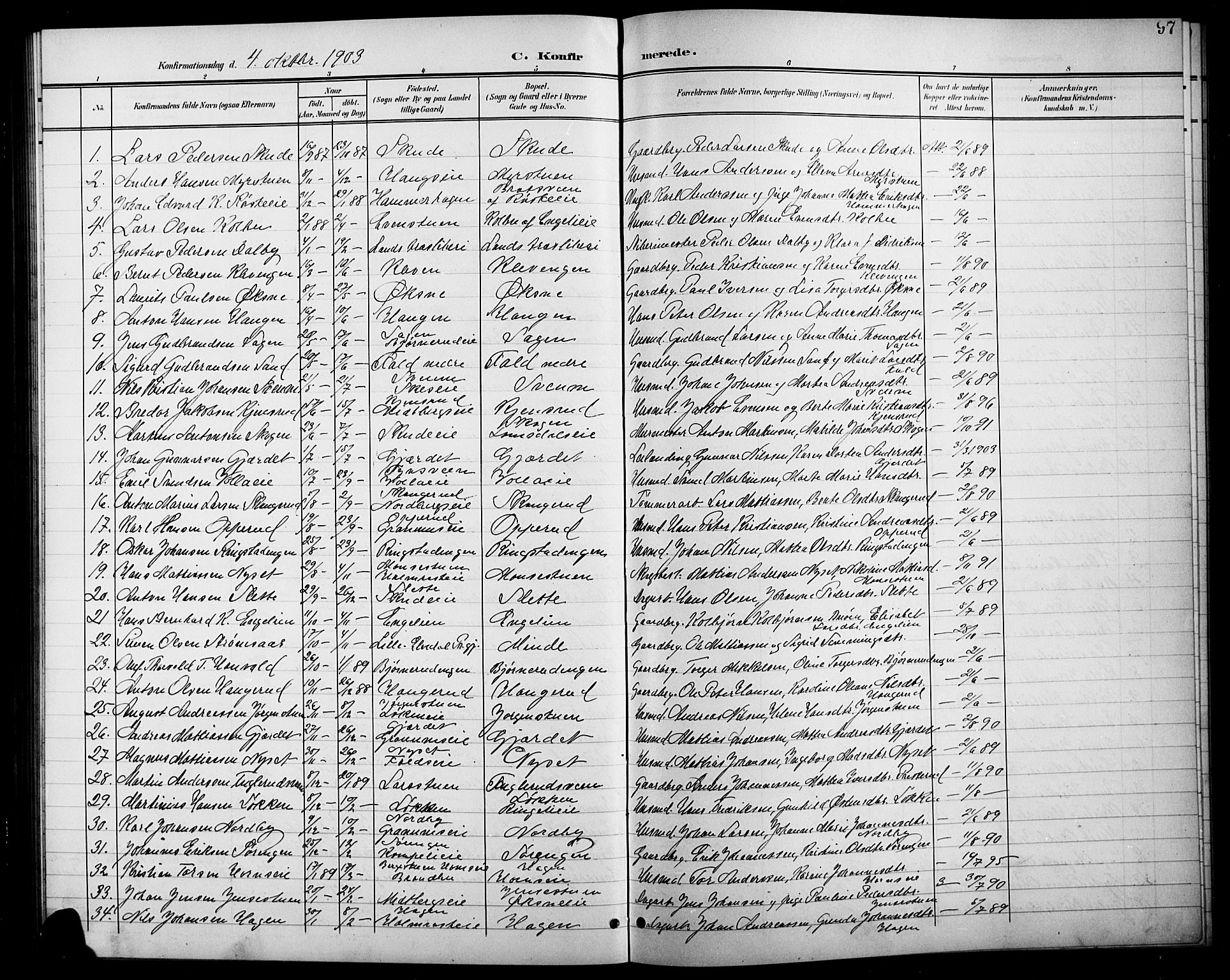 Søndre Land prestekontor, SAH/PREST-122/L/L0004: Parish register (copy) no. 4, 1901-1915, p. 97