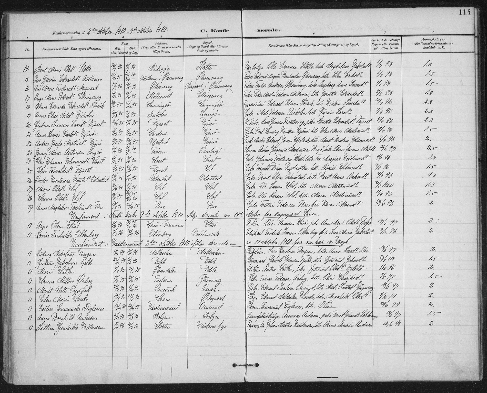 Ministerialprotokoller, klokkerbøker og fødselsregistre - Møre og Romsdal, SAT/A-1454/569/L0820: Parish register (official) no. 569A06, 1900-1911, p. 114