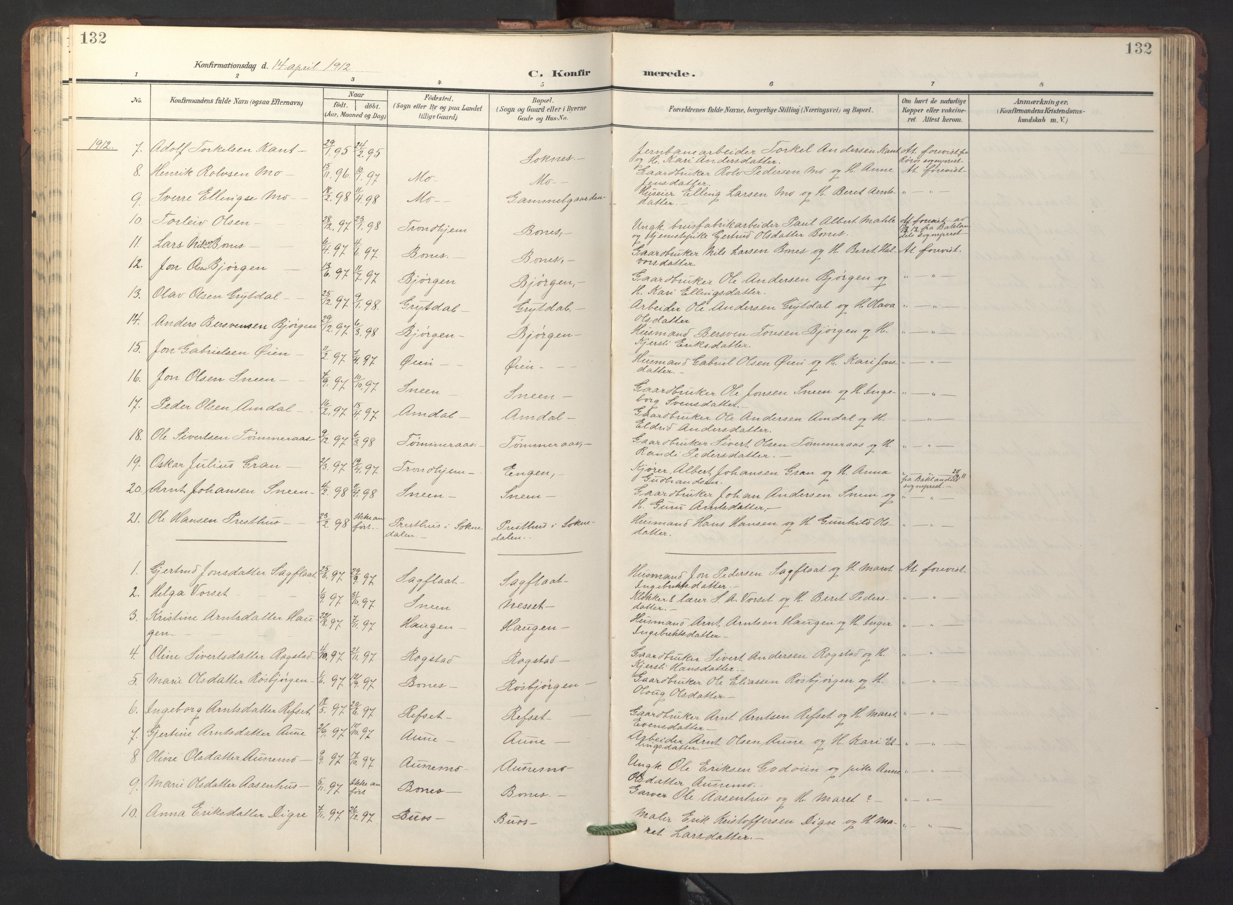 Ministerialprotokoller, klokkerbøker og fødselsregistre - Sør-Trøndelag, SAT/A-1456/687/L1019: Parish register (copy) no. 687C03, 1904-1931, p. 132