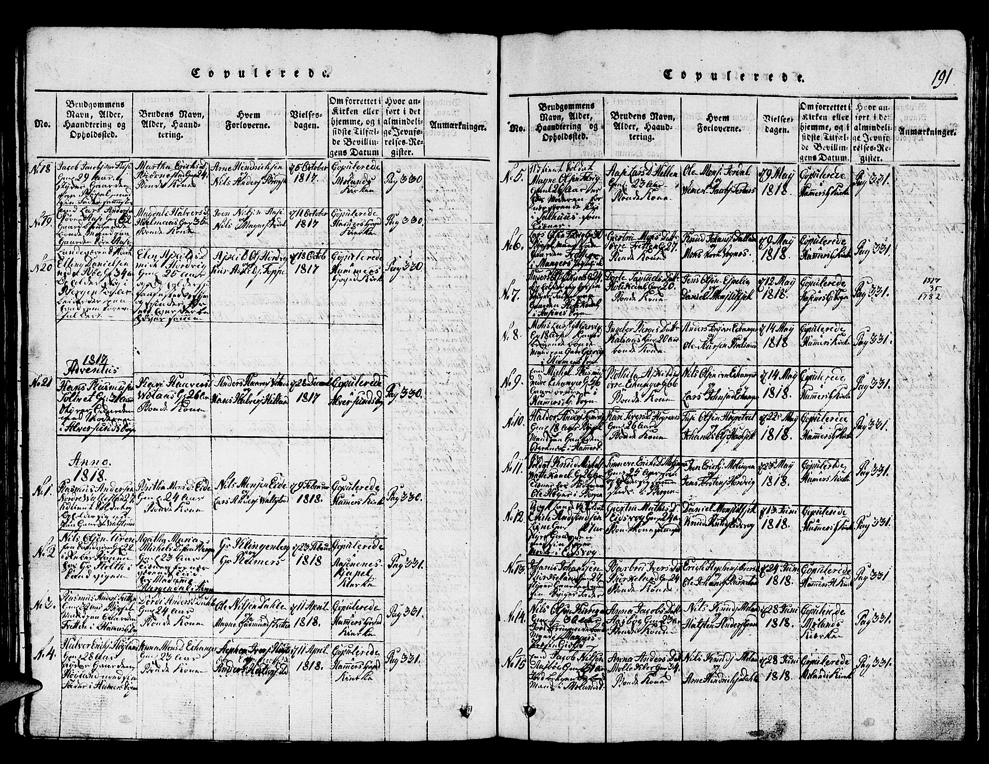 Hamre sokneprestembete, SAB/A-75501/H/Ha/Hab: Parish register (copy) no. A 1, 1816-1826, p. 191