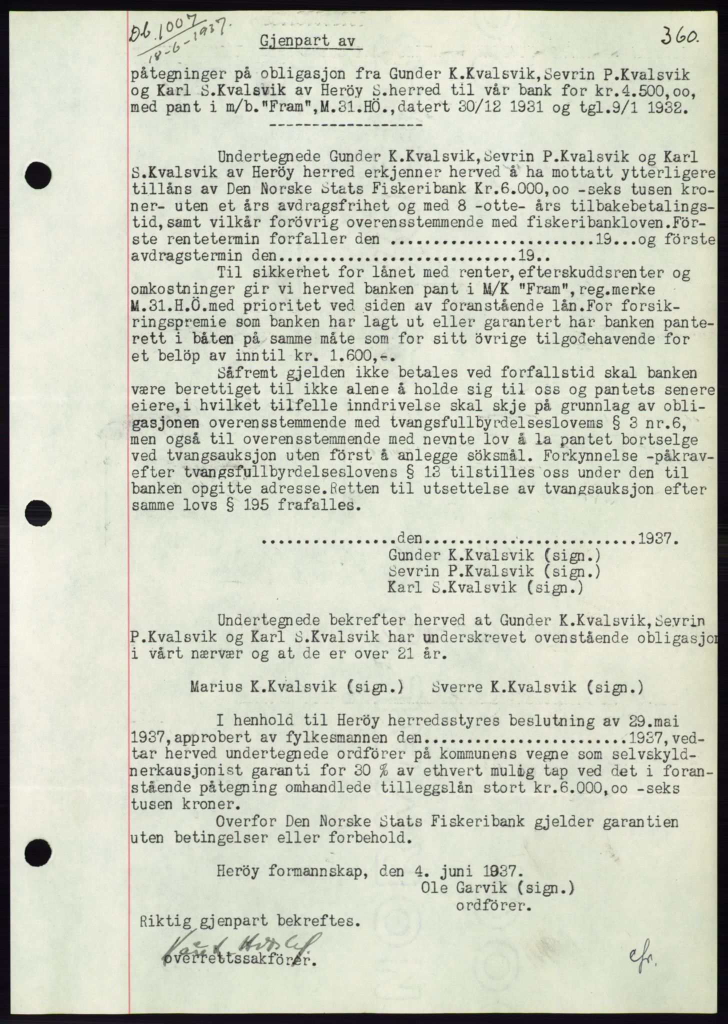 Søre Sunnmøre sorenskriveri, AV/SAT-A-4122/1/2/2C/L0063: Mortgage book no. 57, 1937-1937, Diary no: : 1007/1937