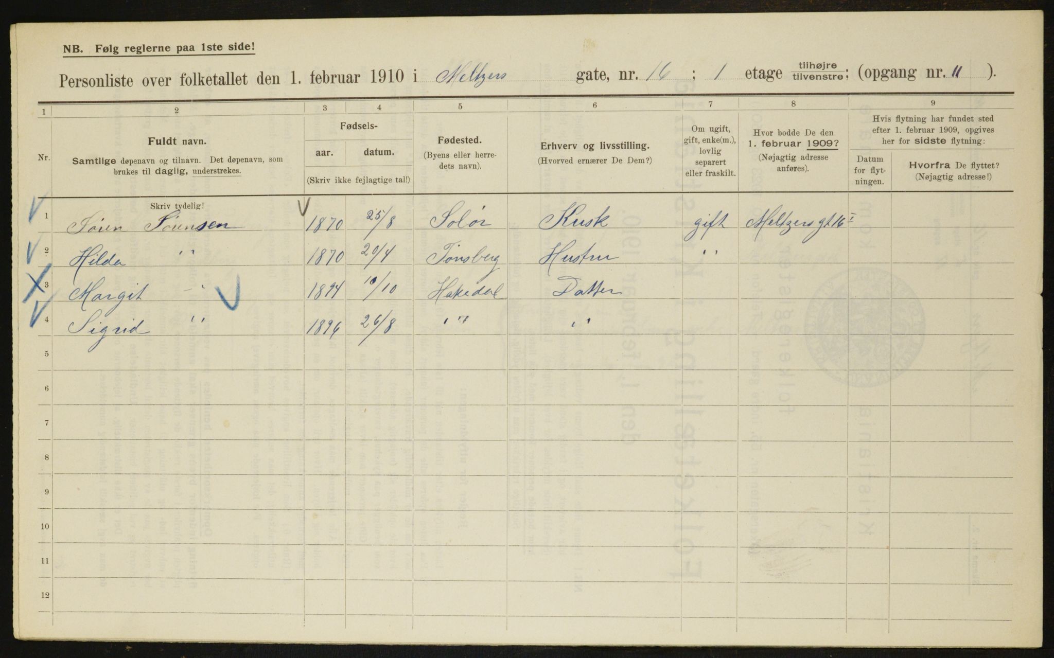 OBA, Municipal Census 1910 for Kristiania, 1910, p. 63196