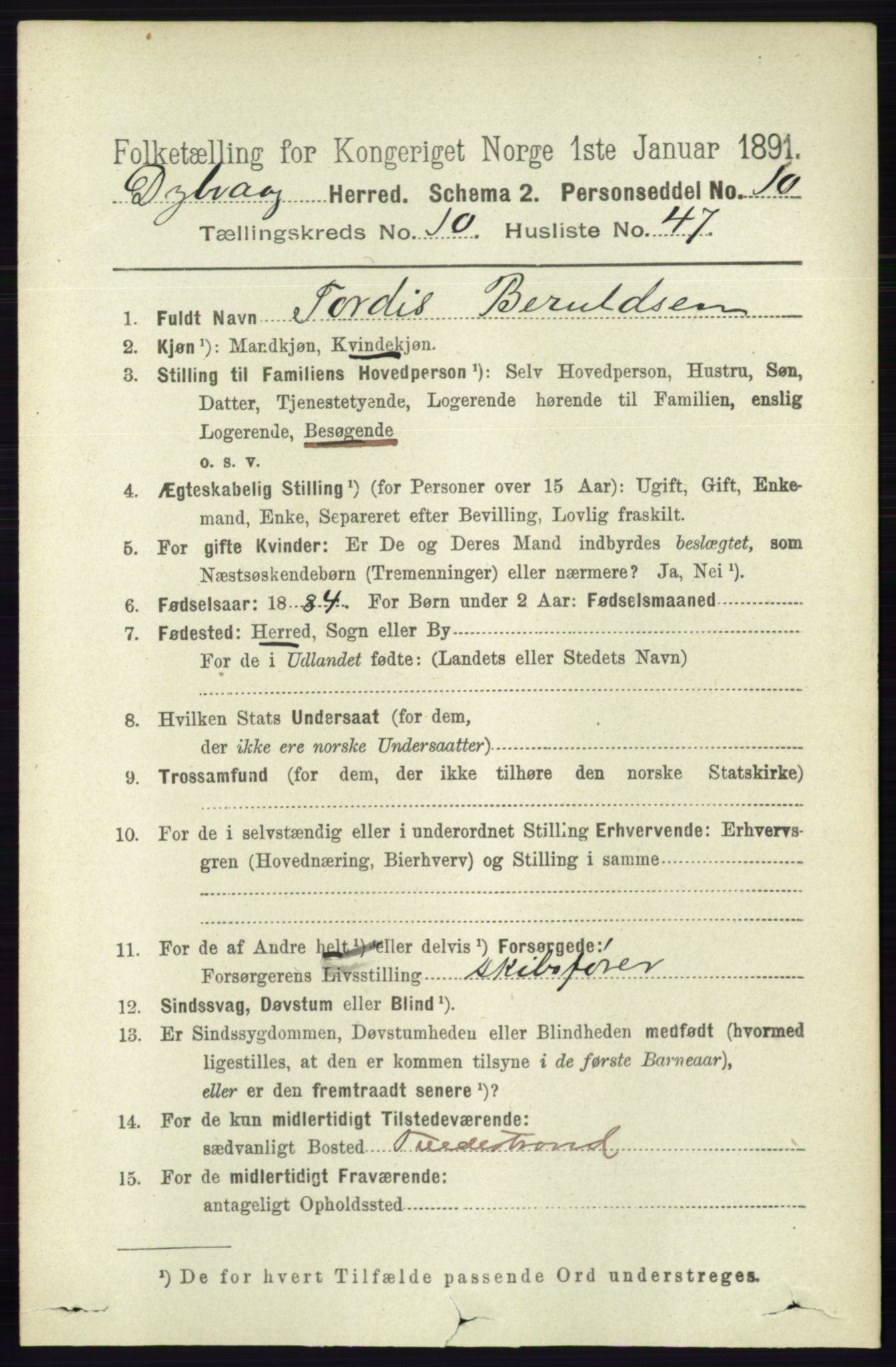 RA, 1891 census for 0915 Dypvåg, 1891, p. 4029